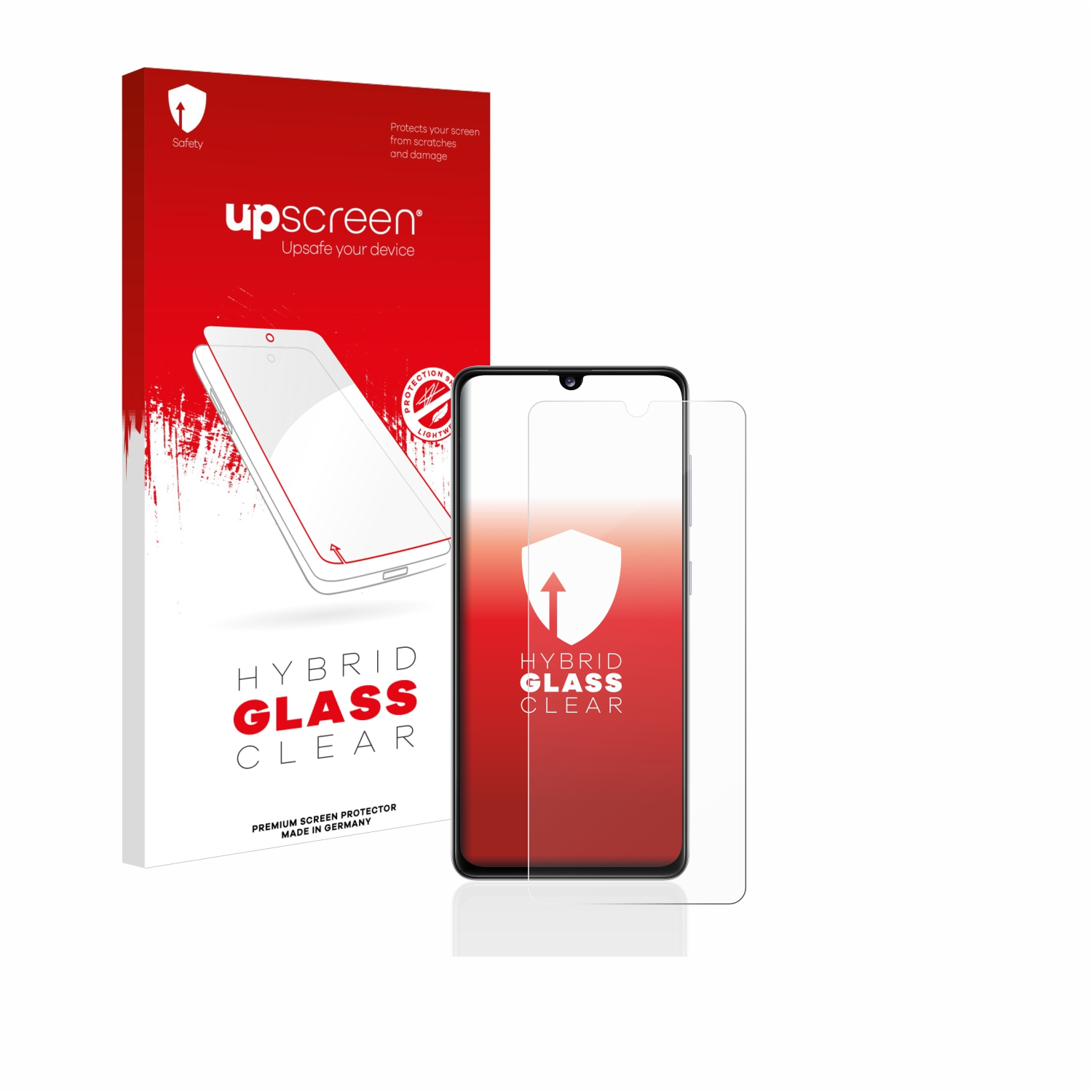 Ein Telefon und eine Box mit 'Hybrid Glass Clear' Displayschutzfolie. Die Box ist rot und weiß.