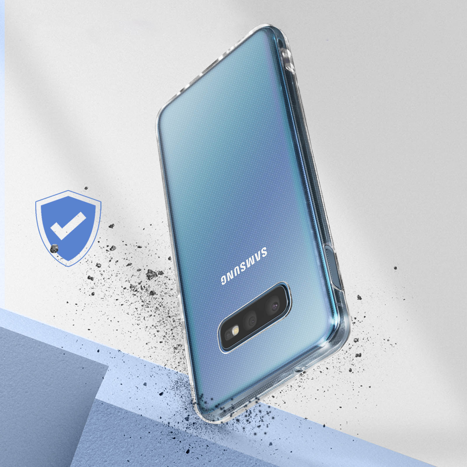 Una custodia trasparente con un telefono blu all'interno. Inclinata con scudo e detriti.