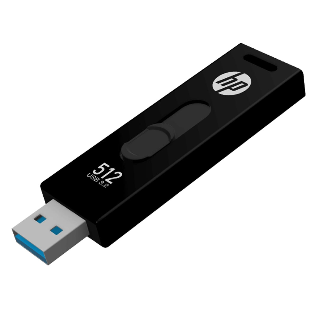 Czarny pendrive USB HP. Dysk ma czarny suwak i logo HP. Wtyczka USB jest niebieska.