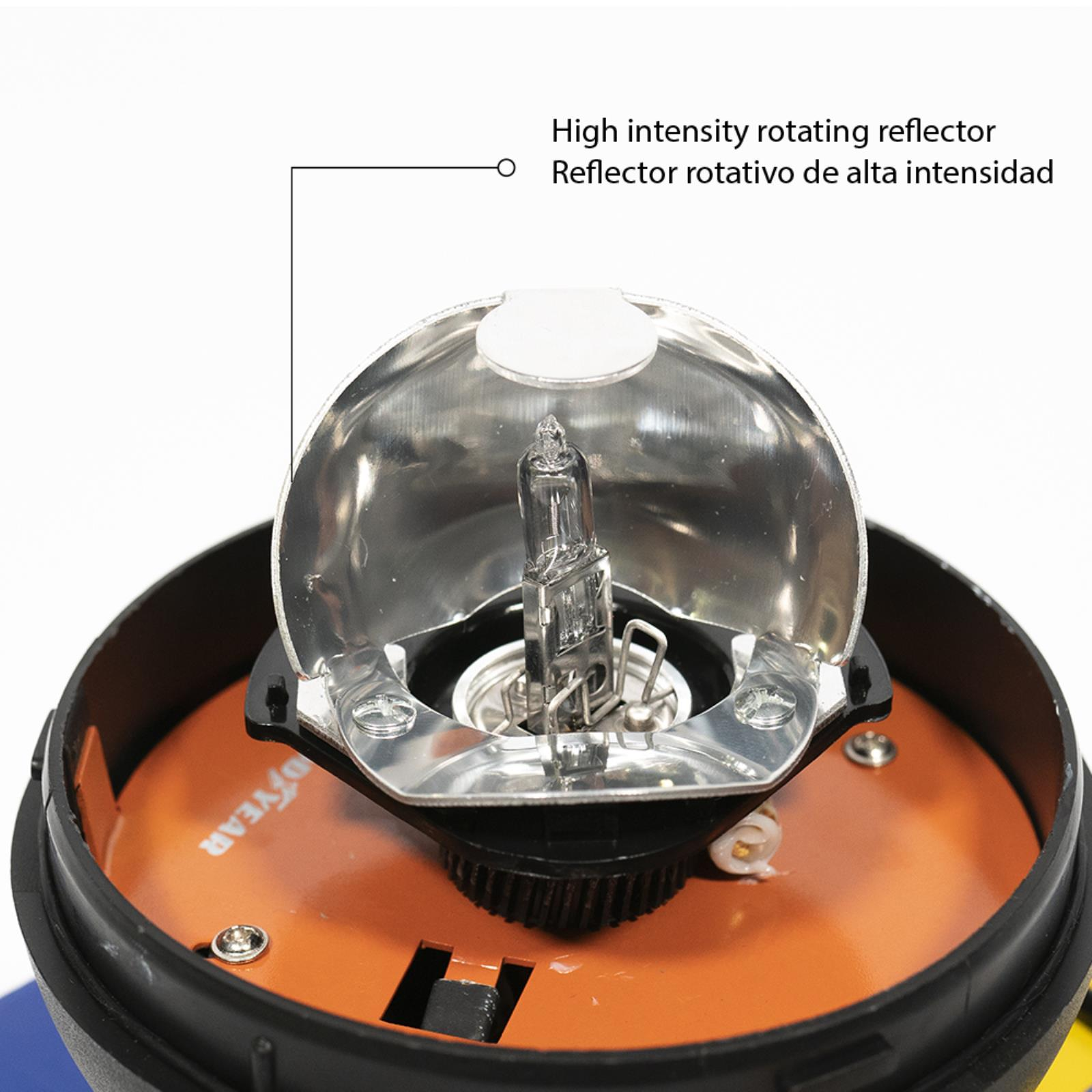 Primer plano de una bombilla de faro de coche, etiquetada como 'Reflector rotativo de alta intensidad'.