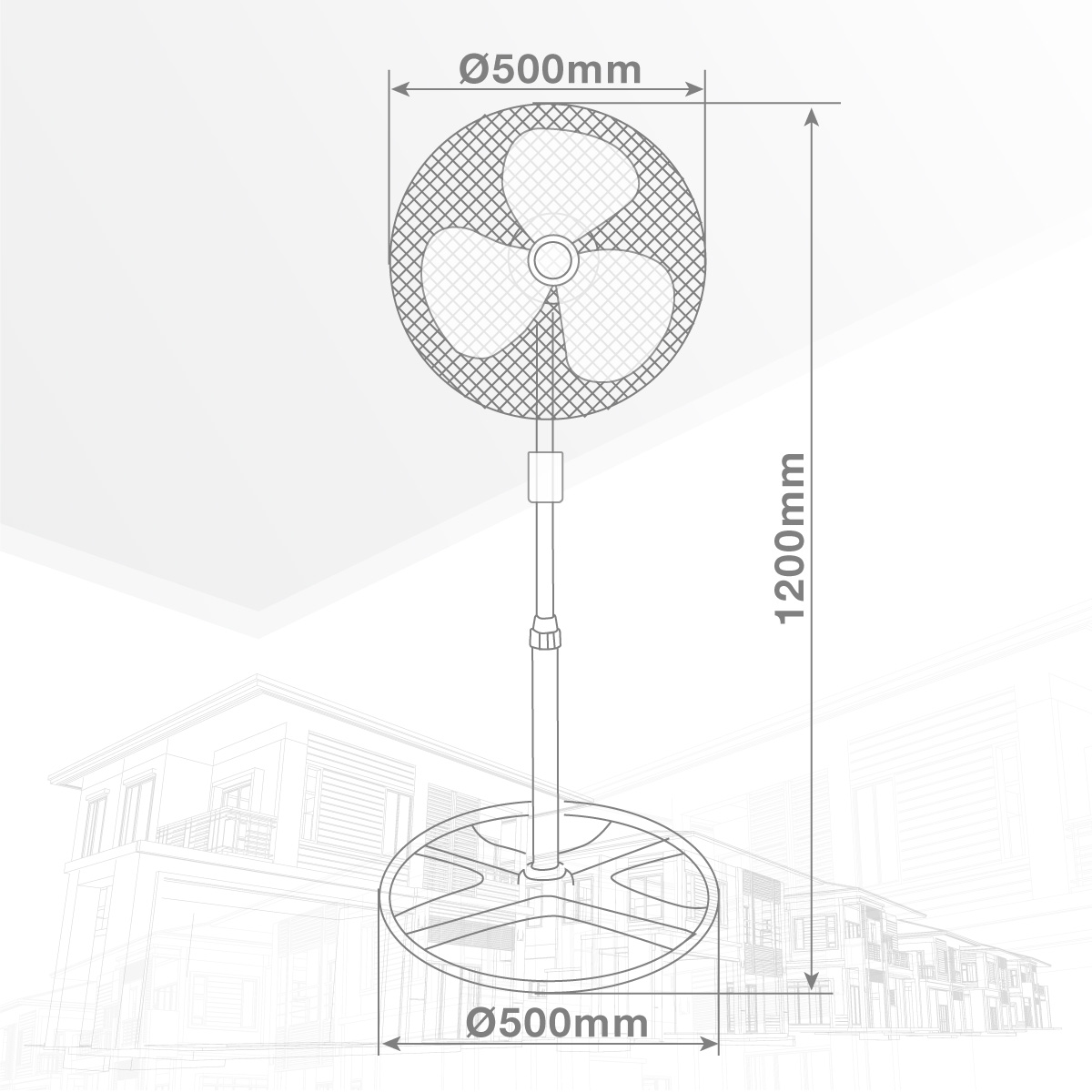 Un diagrama de un ventilador, con dimensiones de 500 mm y 1200 mm, y un contorno de casa.