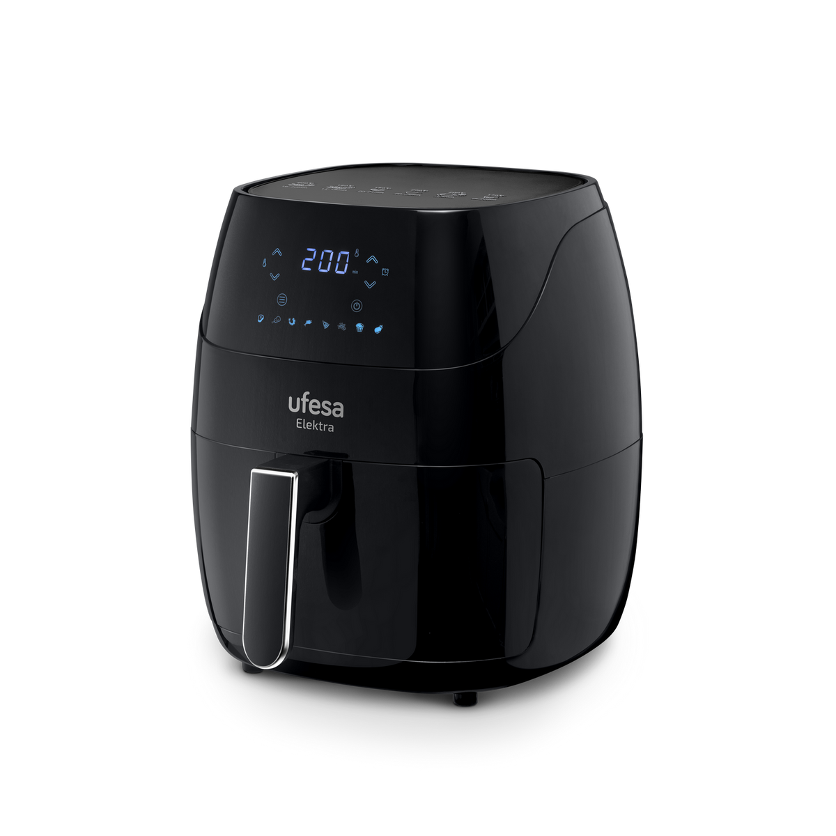 Freidora de aire Ufesa Elektra negra con pantalla digital. Controles y asa visibles.