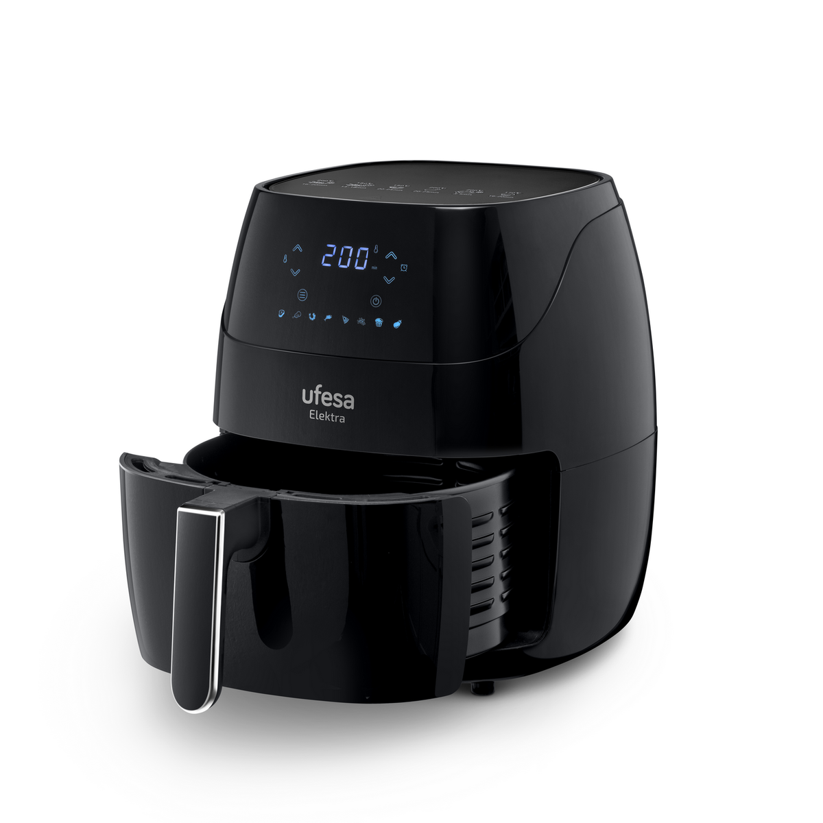 Freidora de aire Ufesa Elektra negra con cajón abierto, panel de control con pantalla azul.