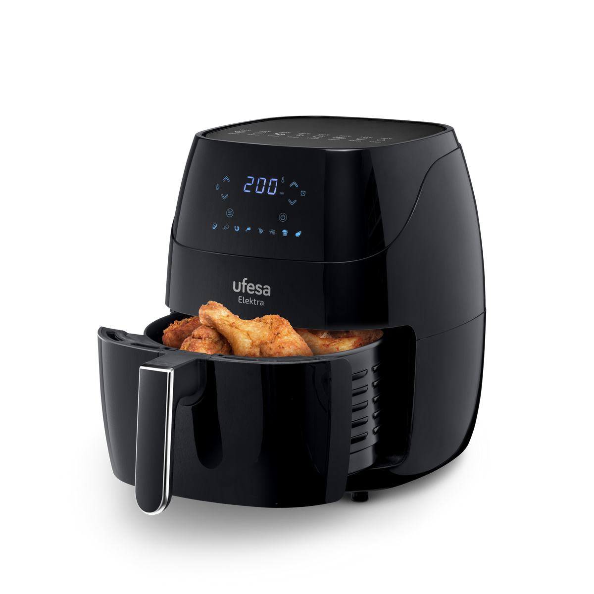 Freidora de aire negra con pollo frito en la cesta, la pantalla digital muestra 200.