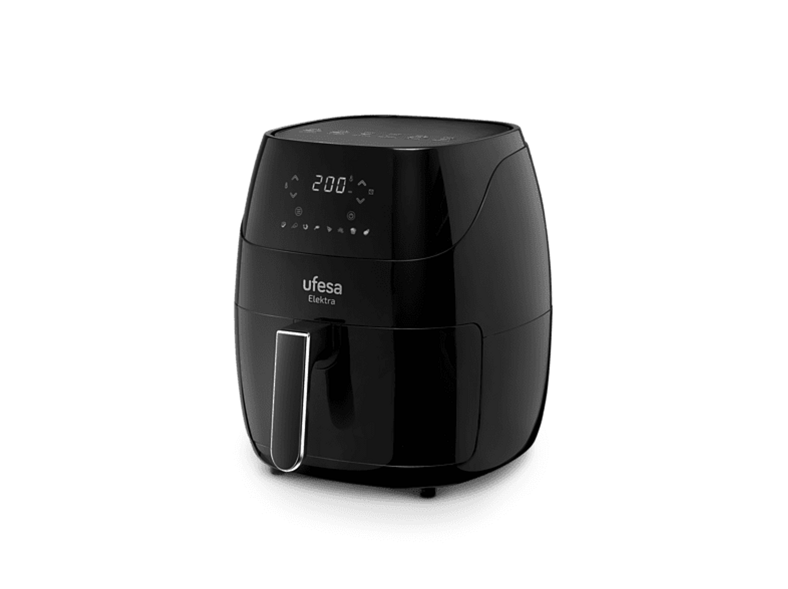 Una freidora de aire Ufesa negra, que muestra una pantalla digital con la temperatura y varios iconos de control.