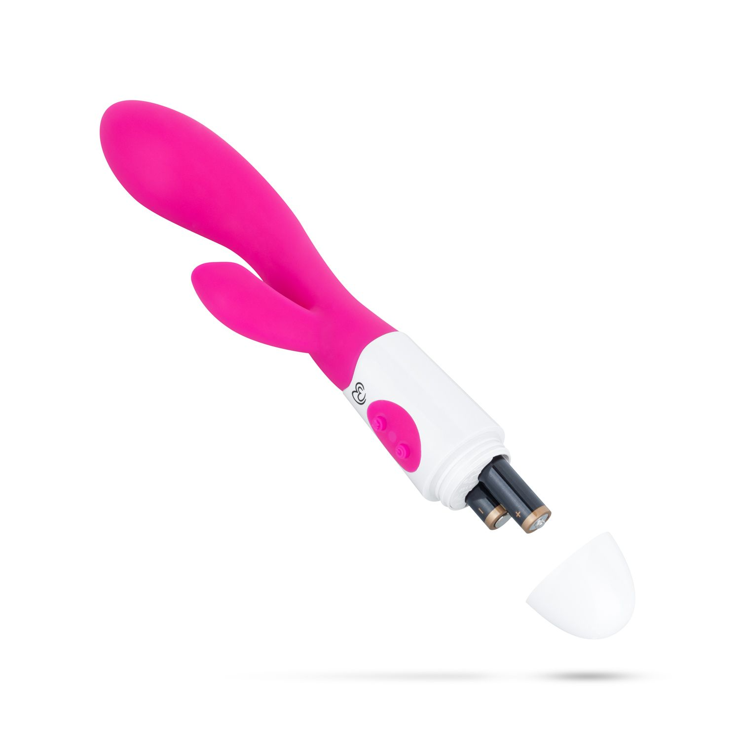 Rosa-weißer Vibrator mit freiliegenden Batterien. Weiße Kappe ist abgenommen. Zeigt den Power-Knopf.
