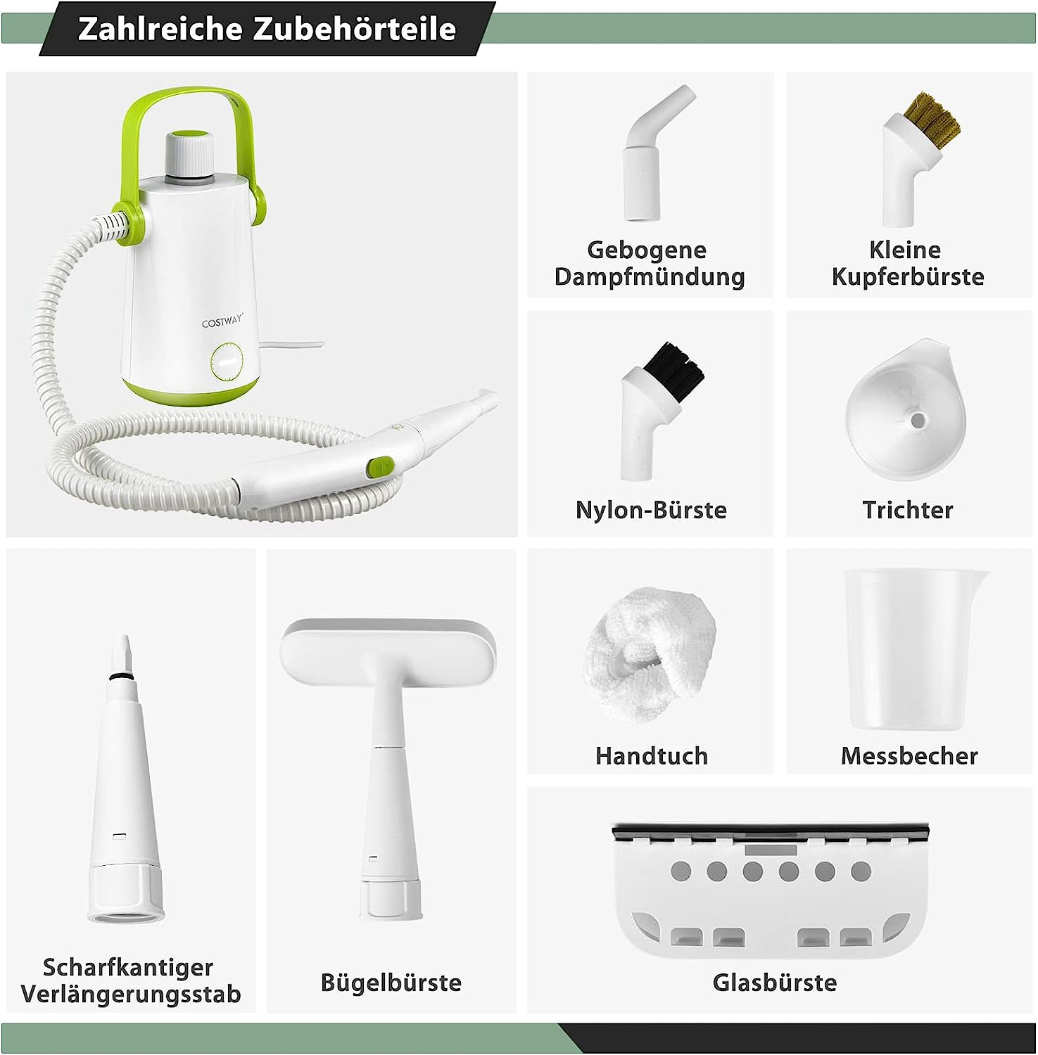 Verschiedenes Dampfreinigungszubehör, weiß und grün, auf weißem Hintergrund.