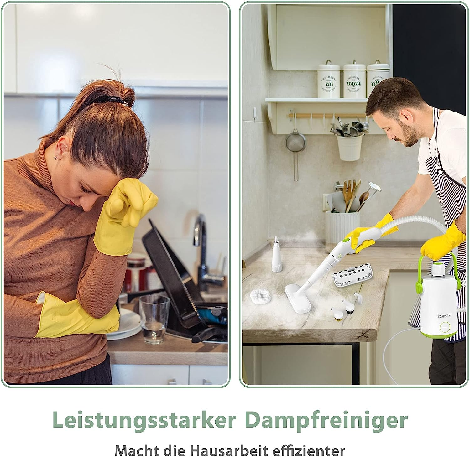 Zwei Bilder nebeneinander, die eine Frau und einen Mann beim Putzen zeigen. Text unten: Leistungsstarker Dampfreiniger.