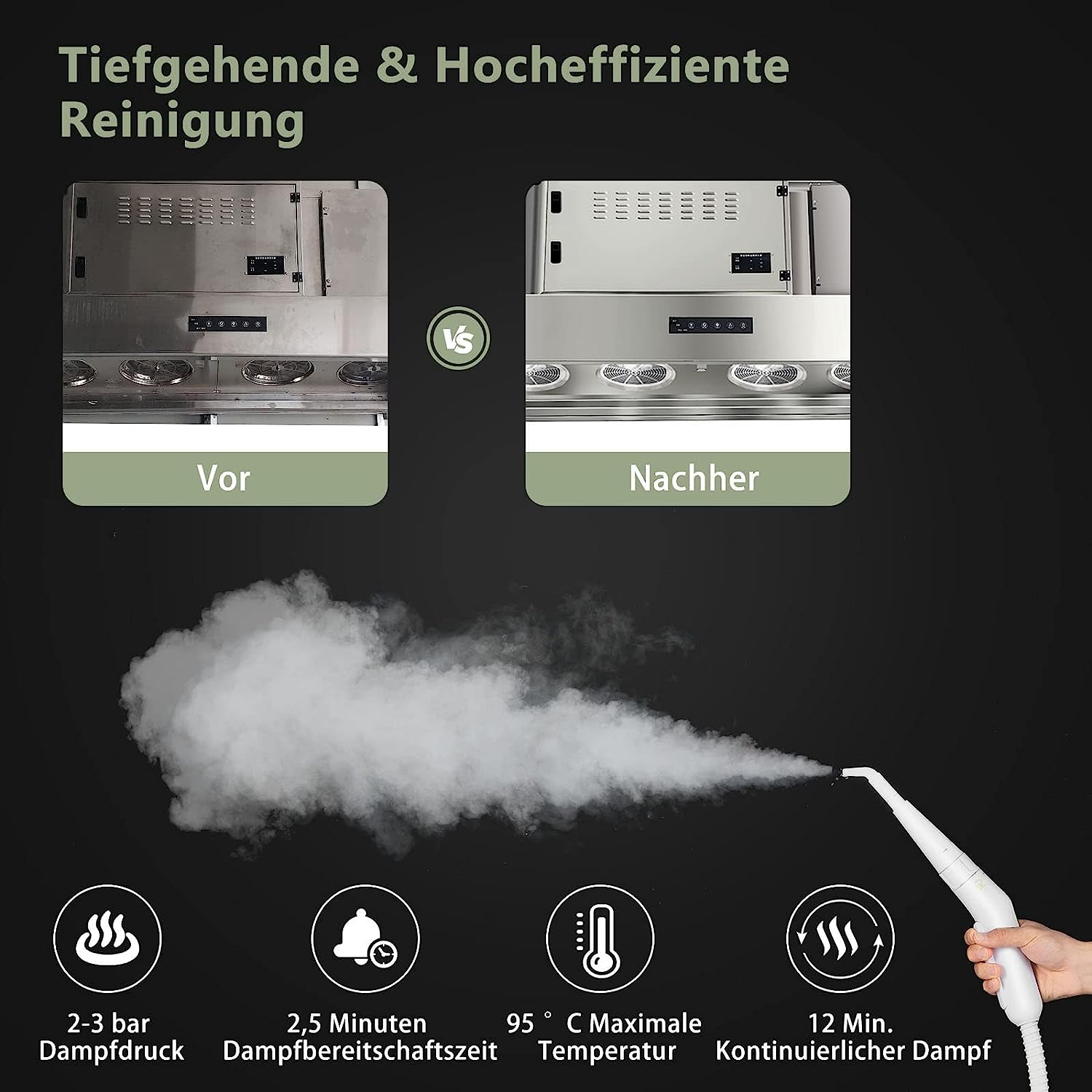 Ein Vorher-Nachher-Vergleich eines Küchengeräts, mit laufender Dampfreinigung.
