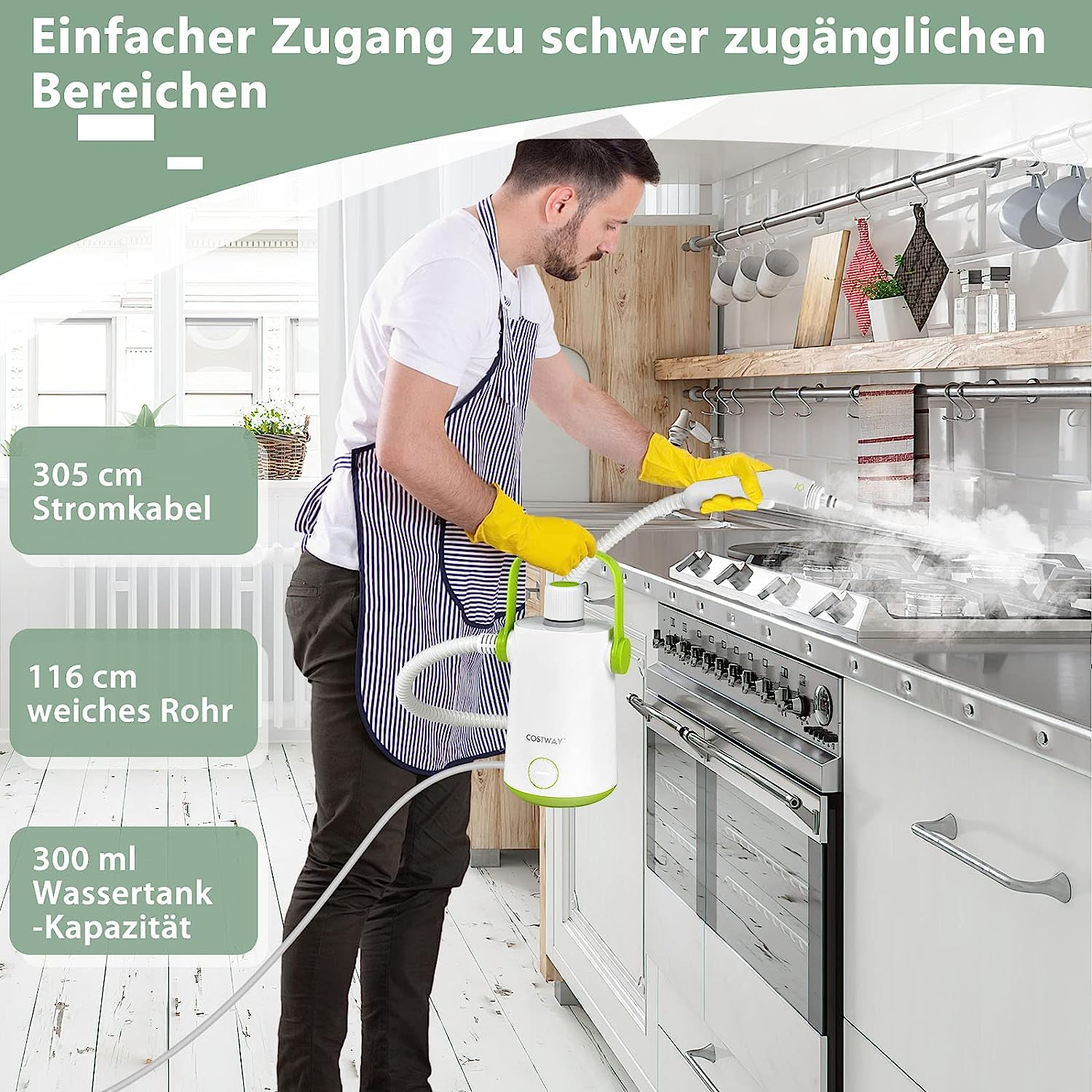Mann in der Küche, der einen Dampfreiniger benutzt, Text in Deutsch, Reinigungsgeräte.