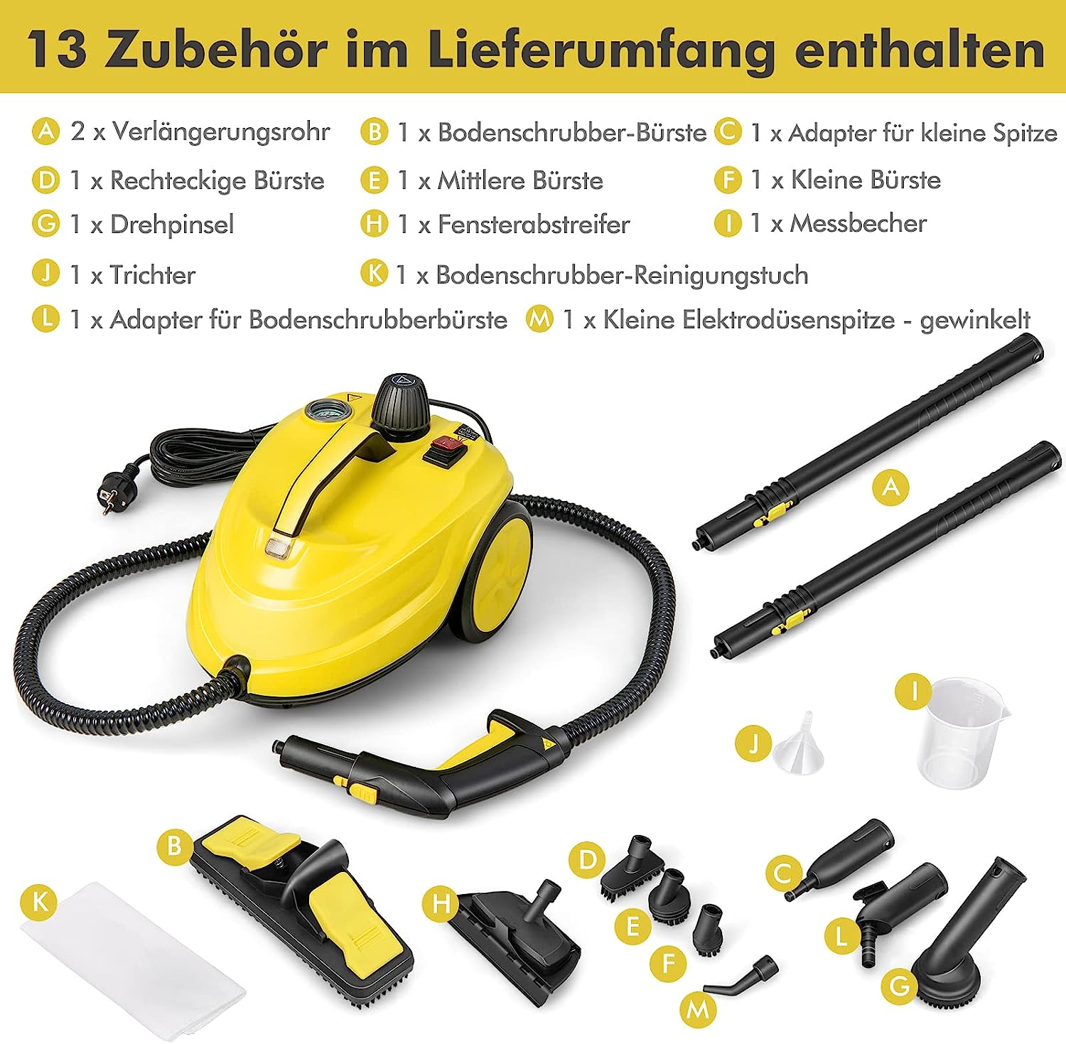 Gelber Dampfreiniger mit Zubehör. Text auf Deutsch: 13 Zubehörteile enthalten. Weißer Hintergrund.