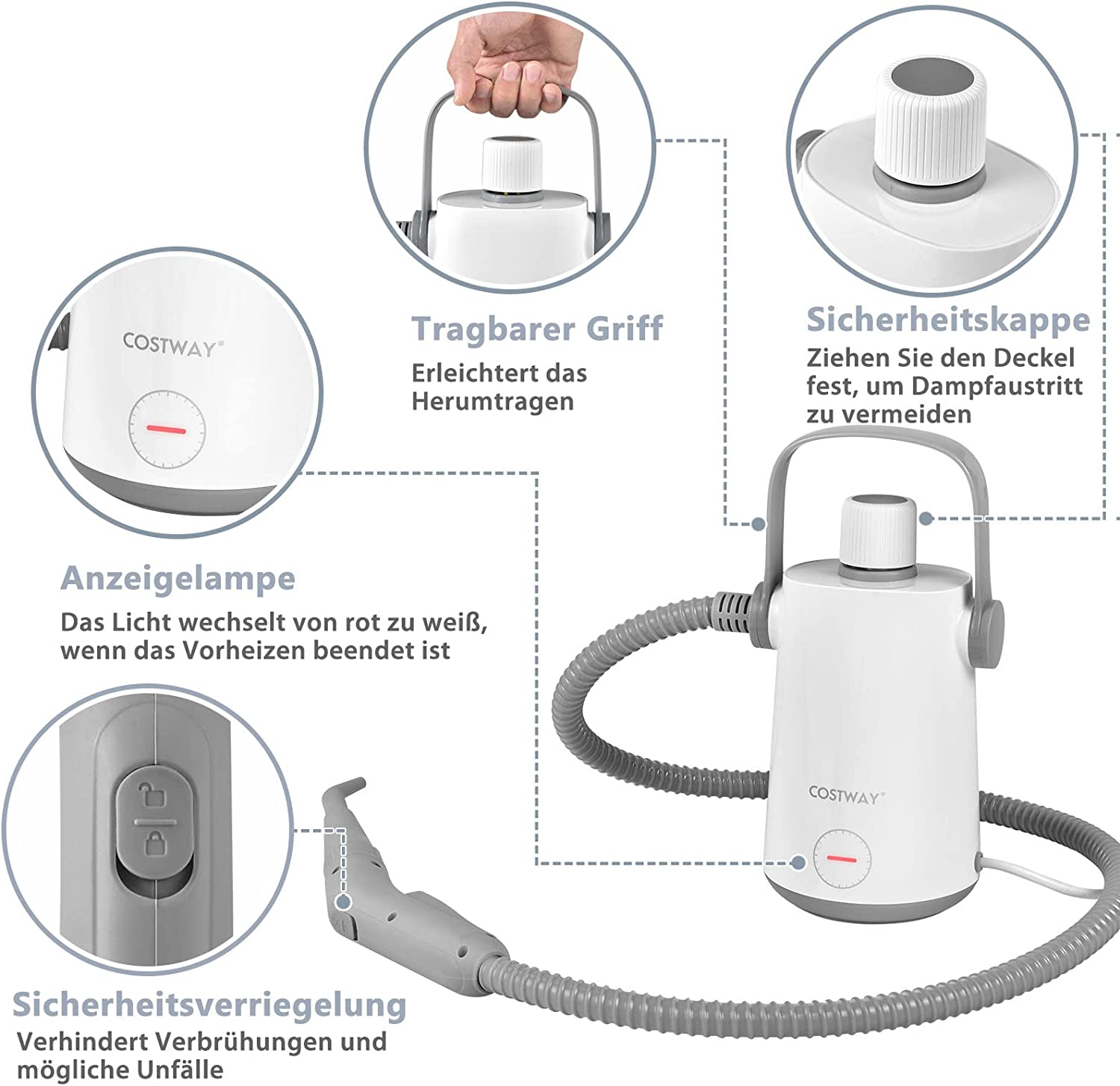 Weißer und grauer Dampfreiniger mit Griff und Schlauch. Beschriftet mit COSTWAY. Verschiedene Detailbezeichnungen.