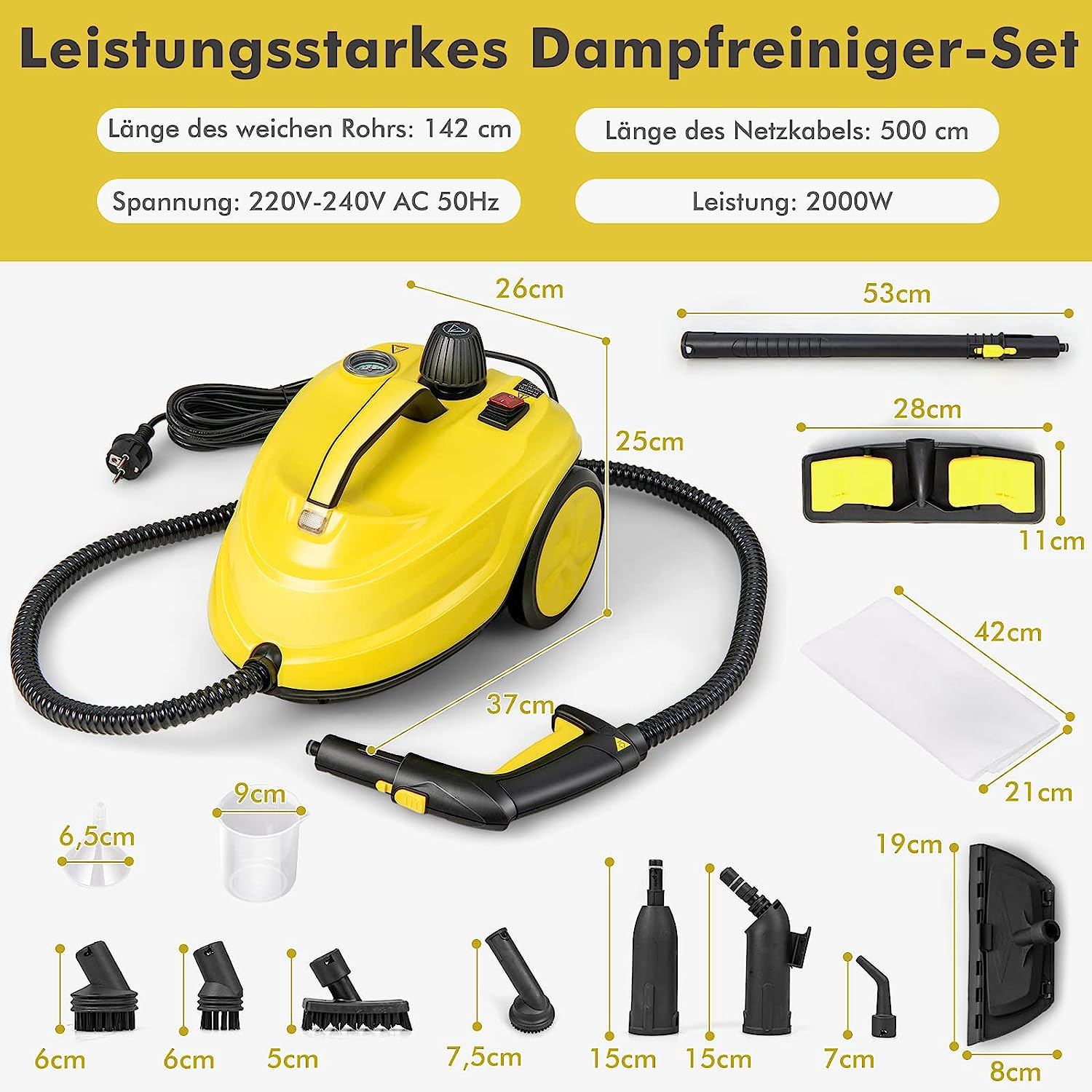Ein gelber Dampfreiniger mit Aufsätzen. Er hat Maße und Text auf Deutsch über Leistung und Größe.