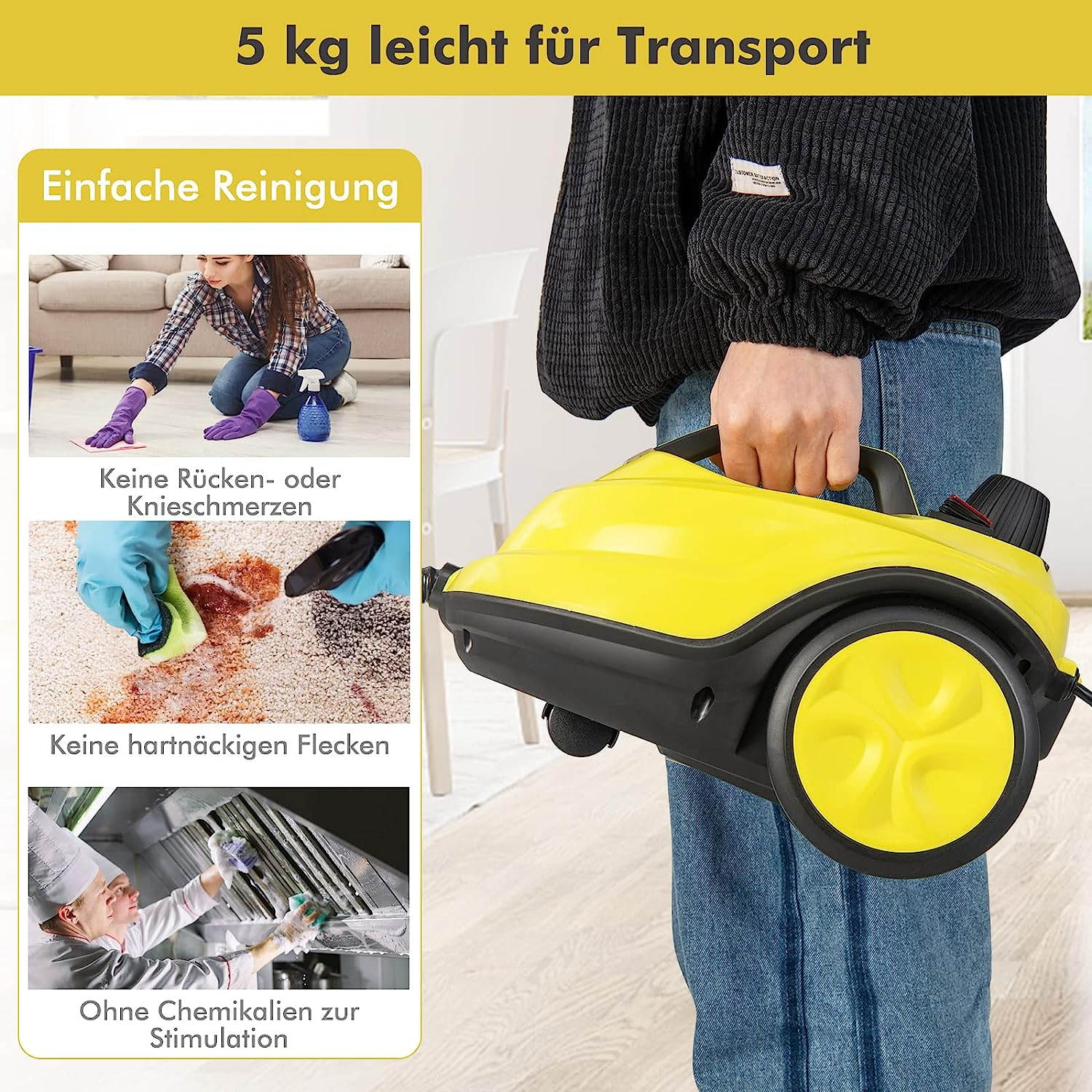 Gelber Hochdruckreiniger, eine Person hält ihn. Text zeigt Reinigungsmethoden und Anwendungen.