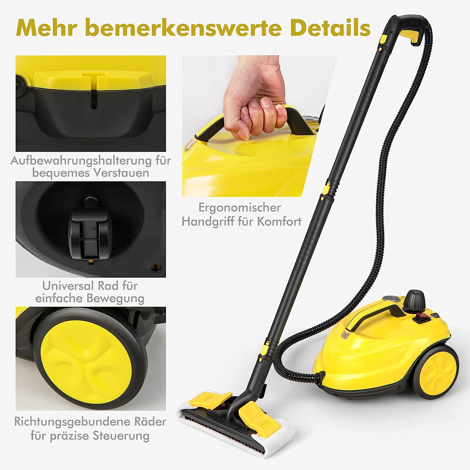 Gelber Dampfreiniger mit Aufsätzen und detaillierten Nahaufnahmen von Funktionen und Komponenten.