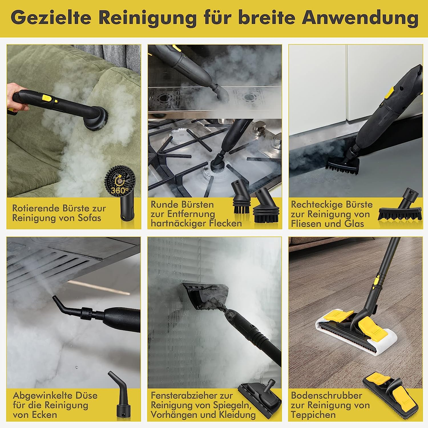 Eine Collage von Reinigungswerkzeugen und ihren Anwendungen.