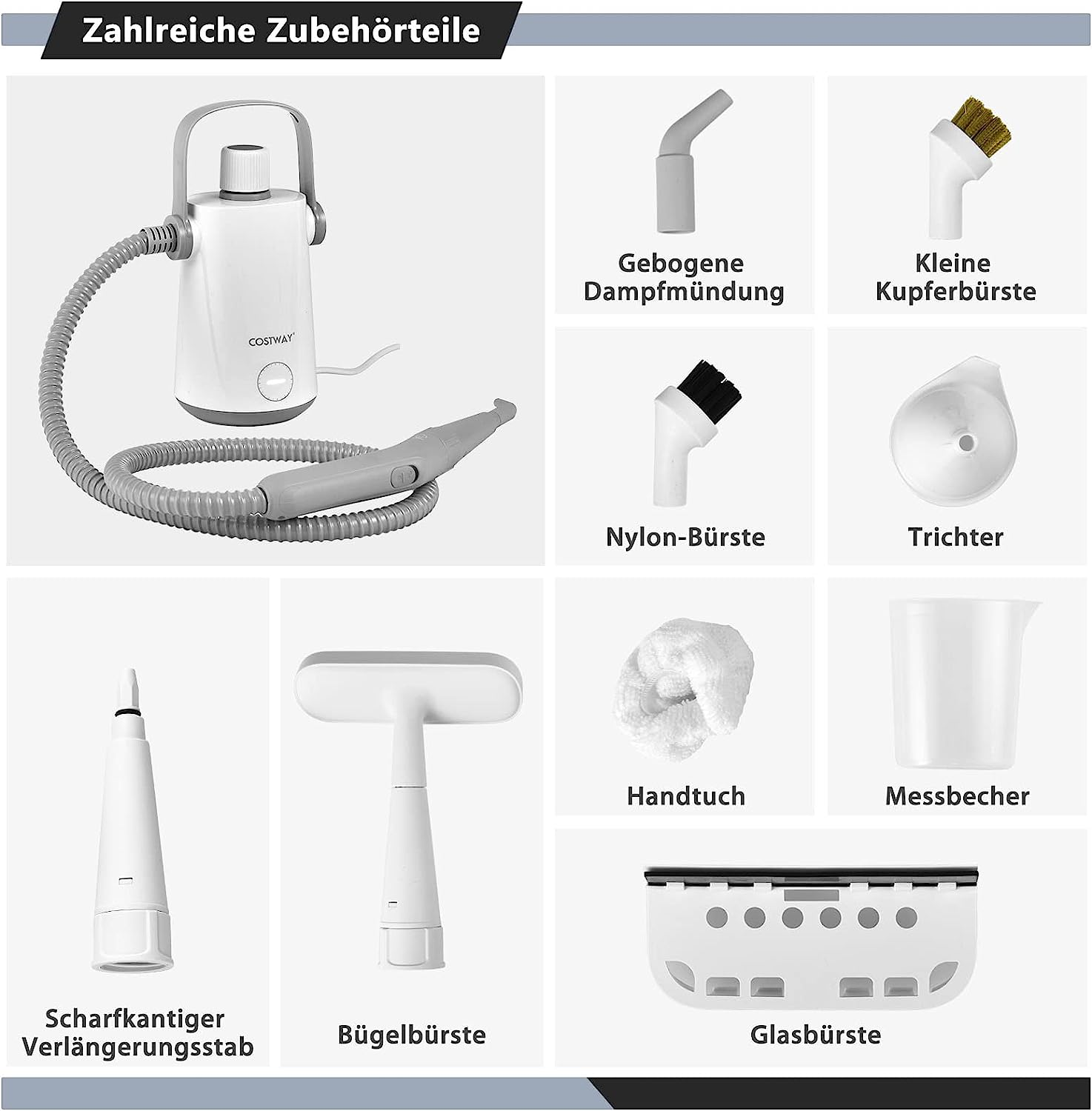 Verschiedenes weißes Reinigungszubehör auf einer weißen Oberfläche, mit deutschen Textlabels. Teile eines Dampfreinigers.