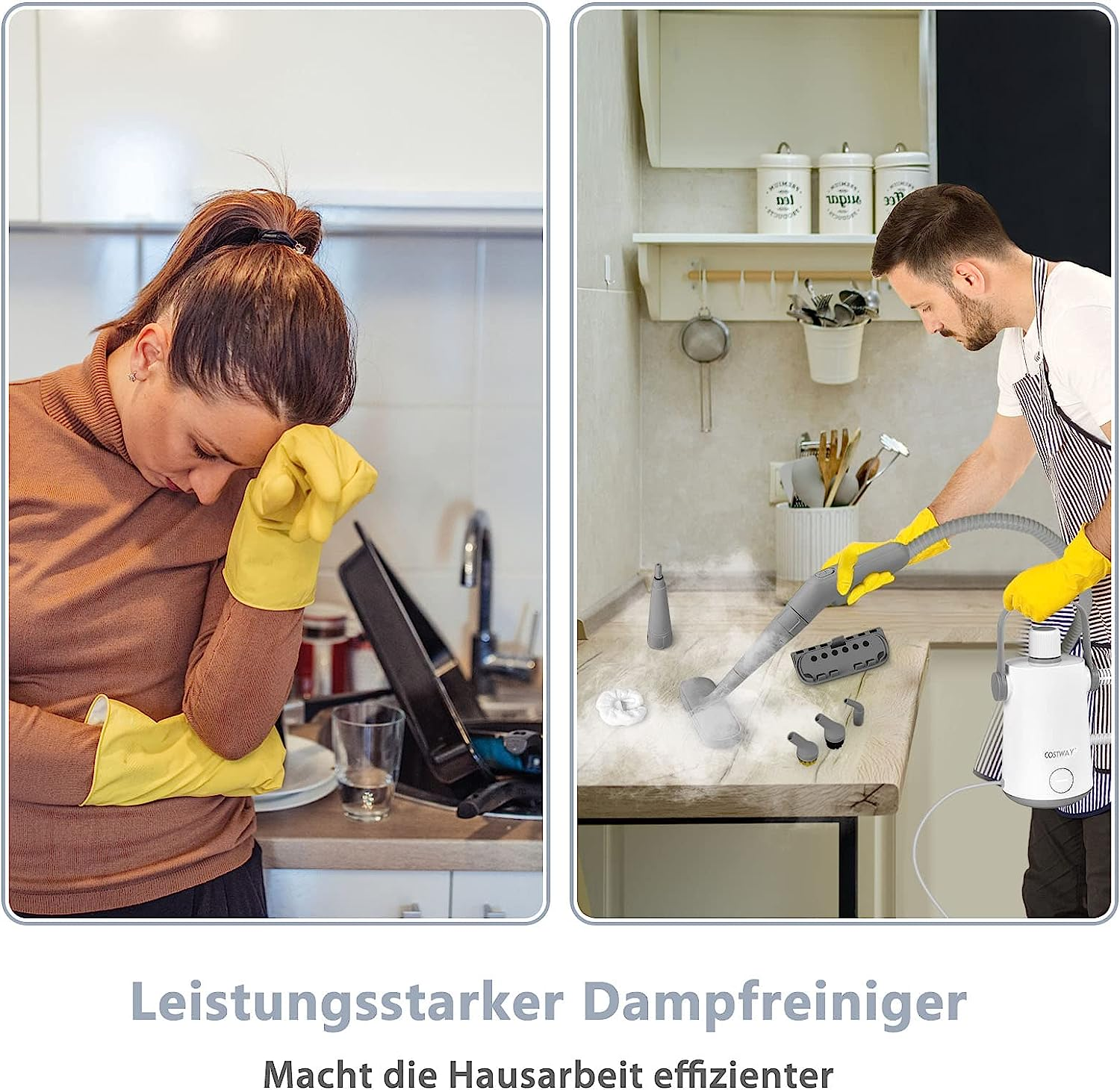 Zwei Bilder: eine Frau mit gelben Handschuhen, die müde aussieht, und ein Mann, der mit einem Dampfreiniger putzt.