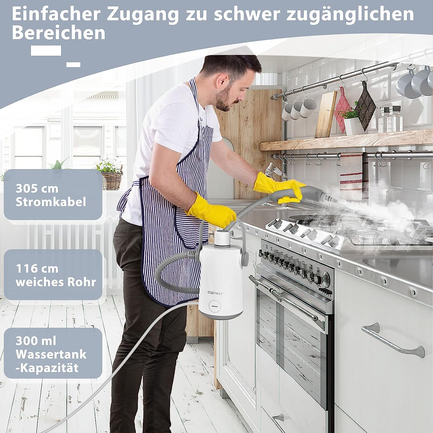 Ein Mann in der Küche benutzt einen Dampfreiniger, daneben Text über die Eigenschaften des Produkts.