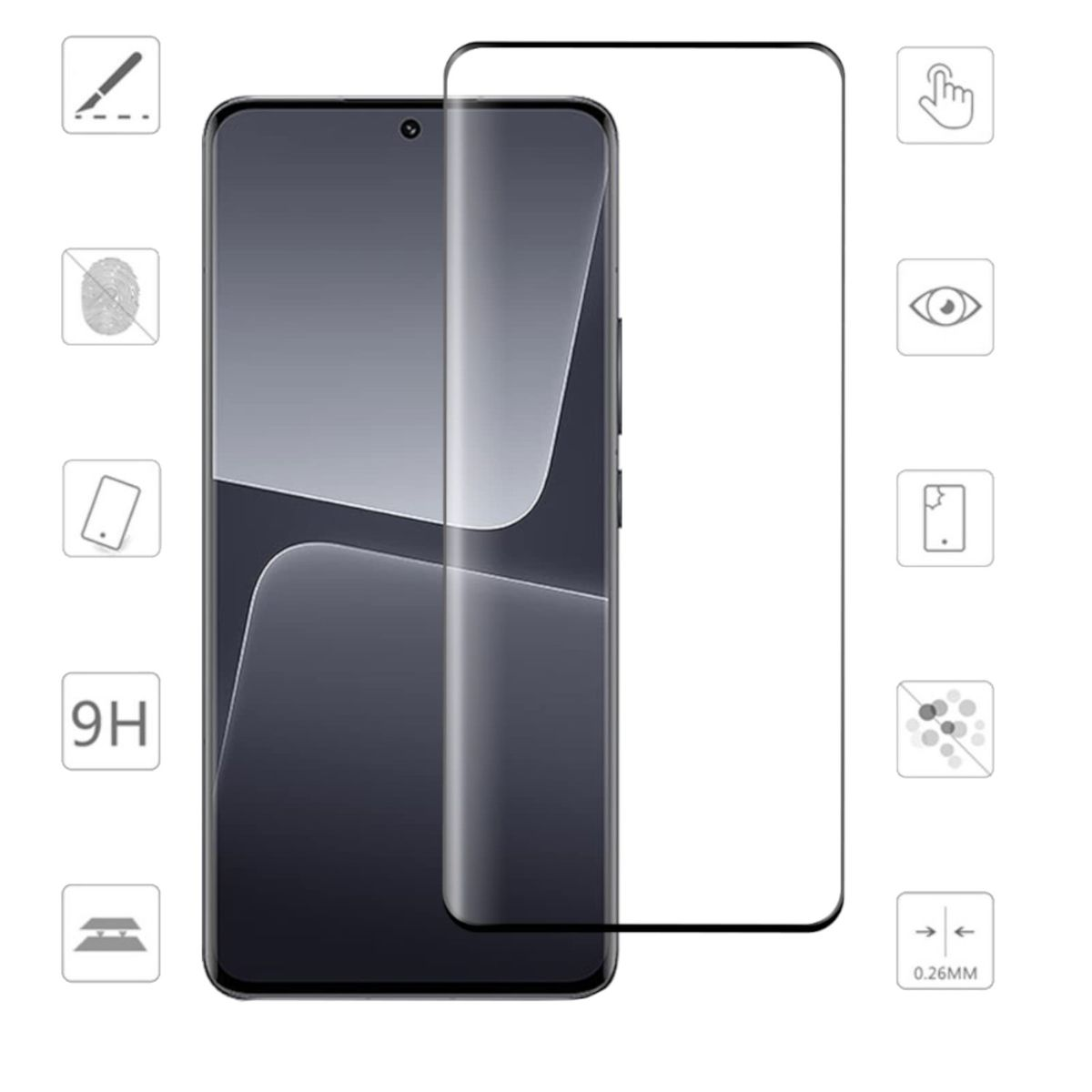 Smartphone mit Displayschutzfolie. Schutzsymbole, 9H. Schwarzes Smartphone mit transparenter Displayschutzfolie rechts.