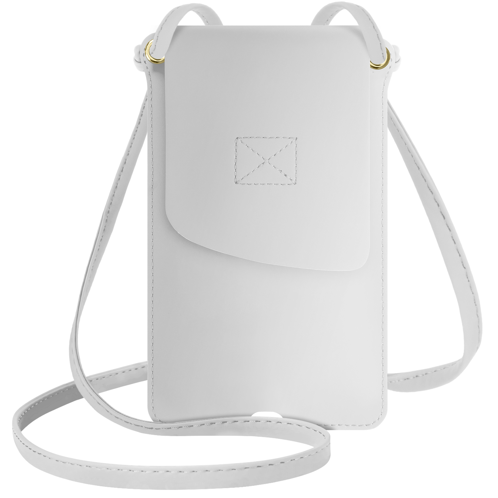 Weiße Handy-Umhängetasche. Weißer Hintergrund. Rechteckige Tasche mit Klappe und verstellbarem Riemen.