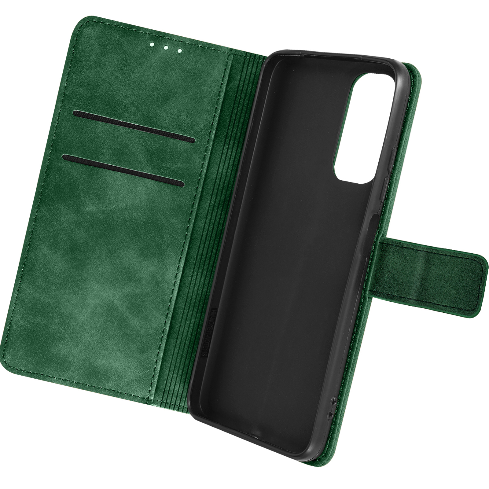 Custodia per telefono in pelle verde aperta. L'interno è nero. La custodia è su sfondo bianco.