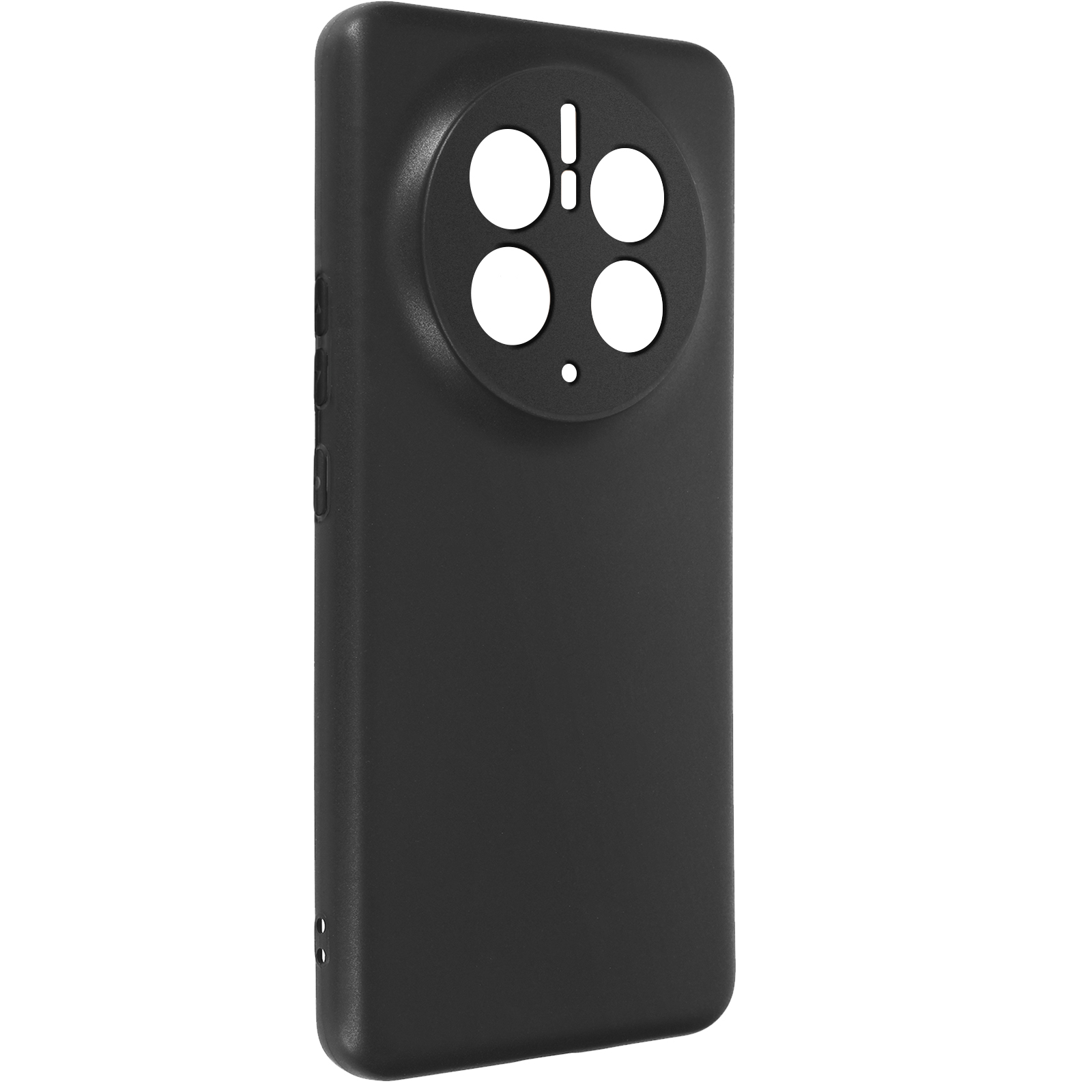 Custodia nera per telefono con foro per fotocamera. Tre cerchi, un punto. Sfondo bianco.