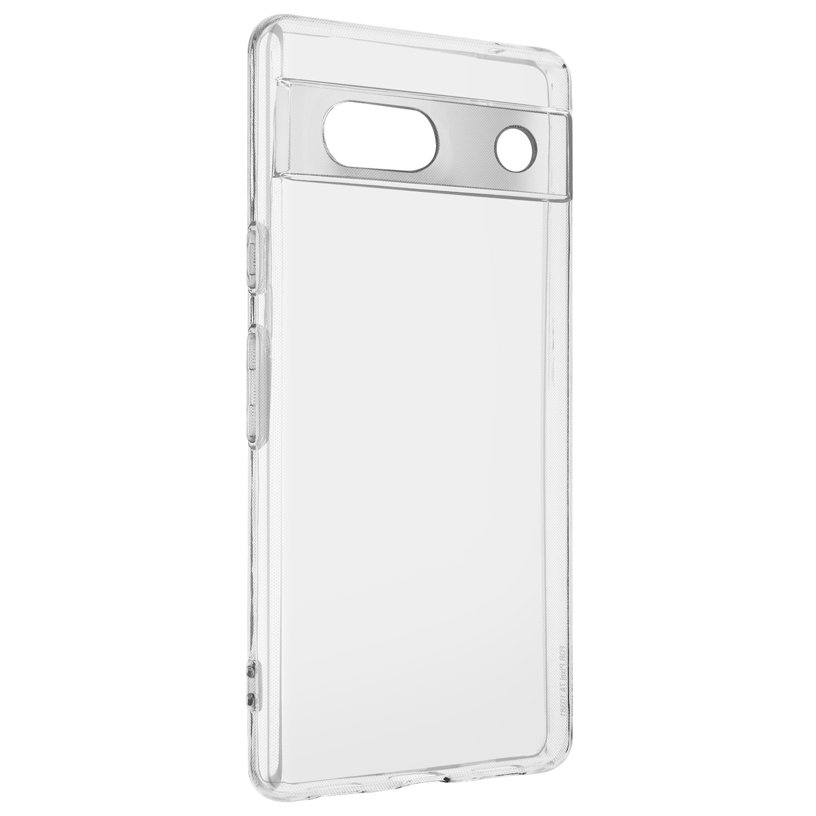 Transparante telefoonhoes, met camera-uitsparing en knoppen. Witte achtergrond.