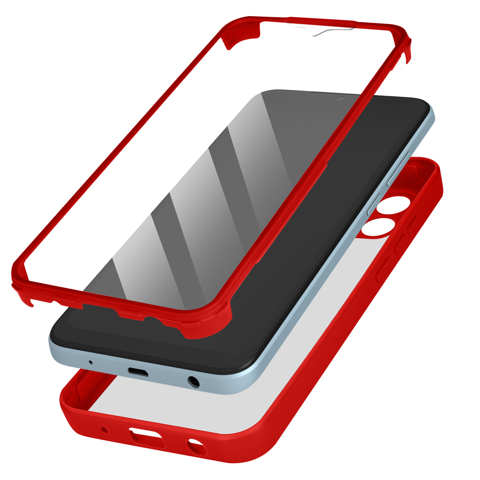 Un telefono con cornice rossa e protezione schermo applicata, con una custodia con cornice rossa.