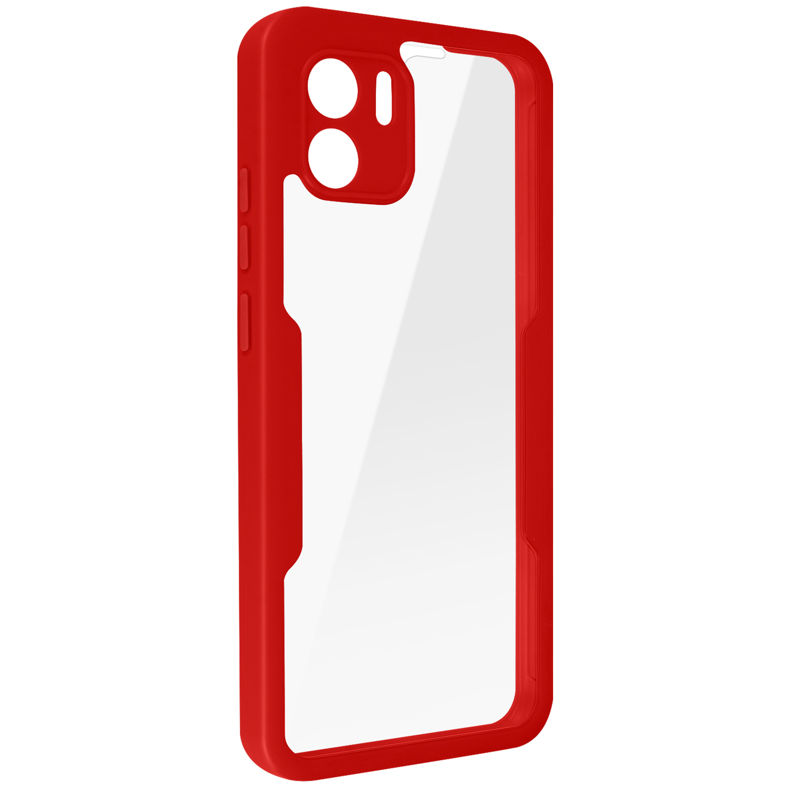 Custodia rossa per telefono con retro trasparente, che mostra il contorno del telefono.
