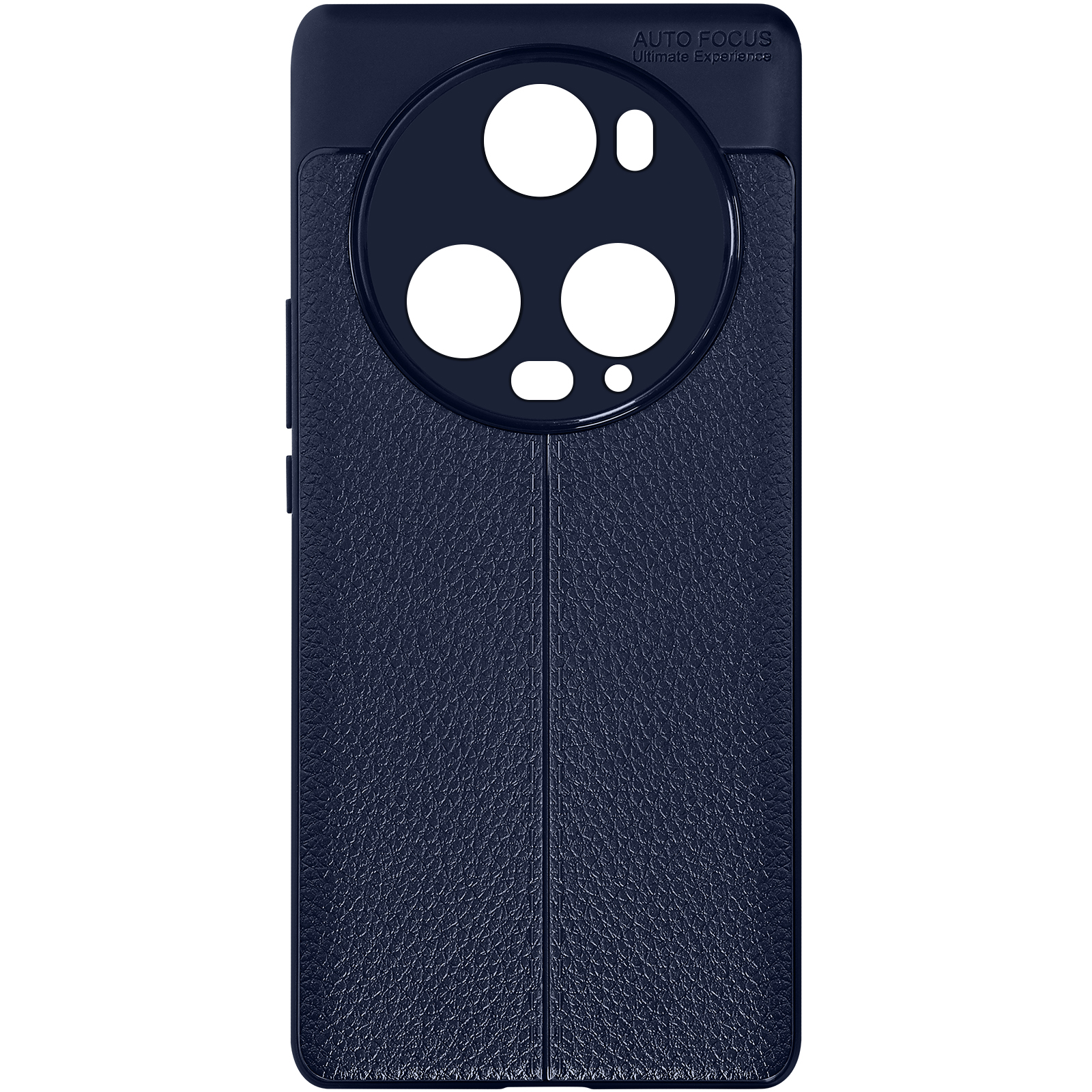 Custodia per telefono blu scuro con tre fori per fotocamera. Superficie posteriore strutturata.