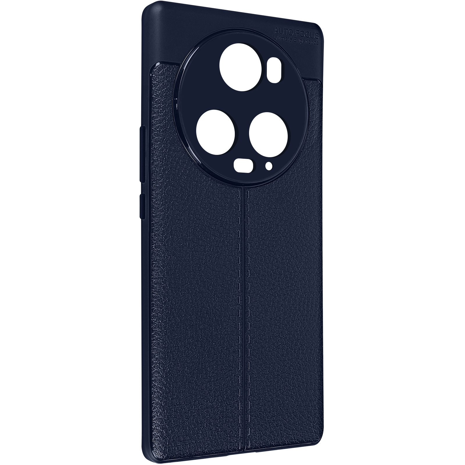 Una custodia per telefono blu scuro con un ritaglio per la fotocamera e un design in pelle strutturata. Su sfondo bianco.