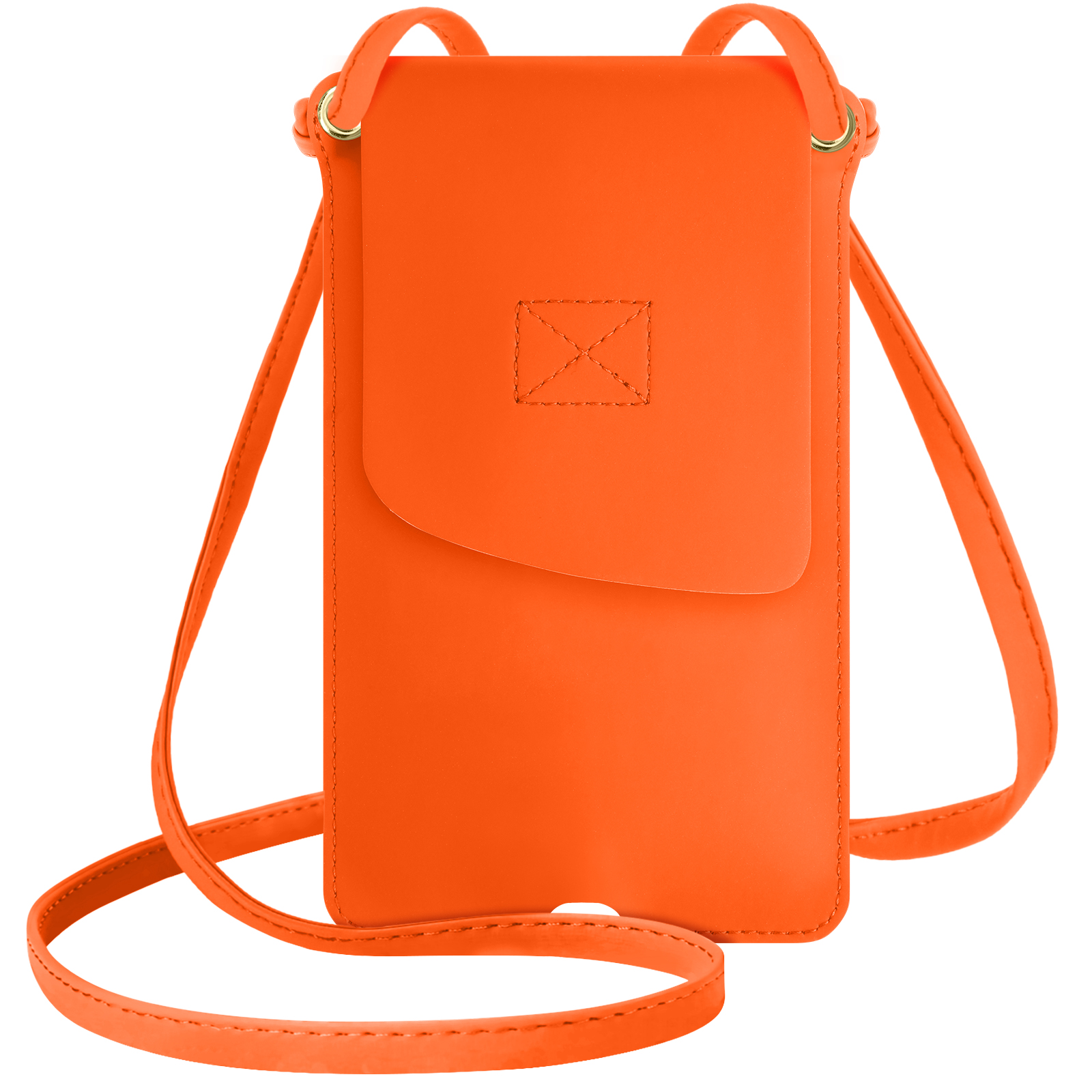 Borsa a tracolla arancione per telefono con cinturino e patta, isolata su sfondo bianco.
