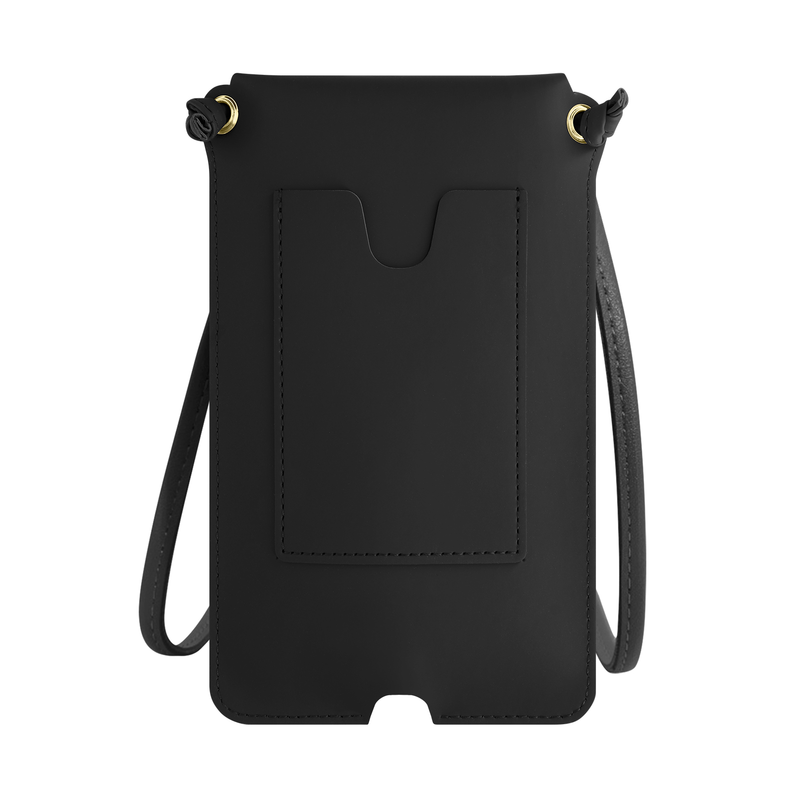 Un étui de téléphone noir avec une sangle. L'étui a une poche au dos. La sangle est attachée en haut.