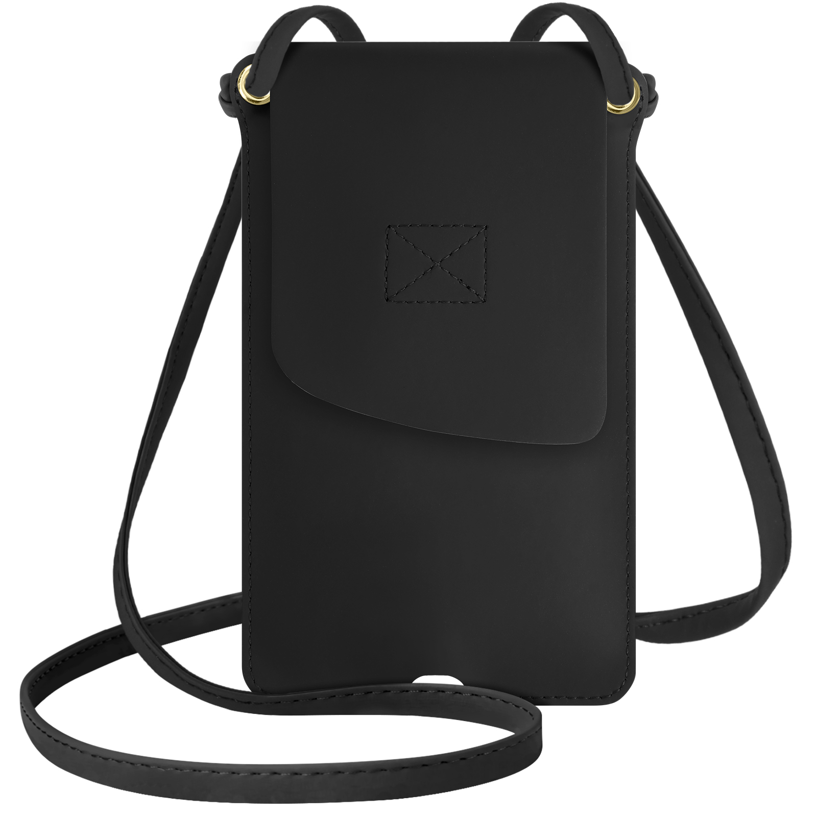 Un sac de téléphone noir avec une longue sangle, suspendu sur un fond blanc.