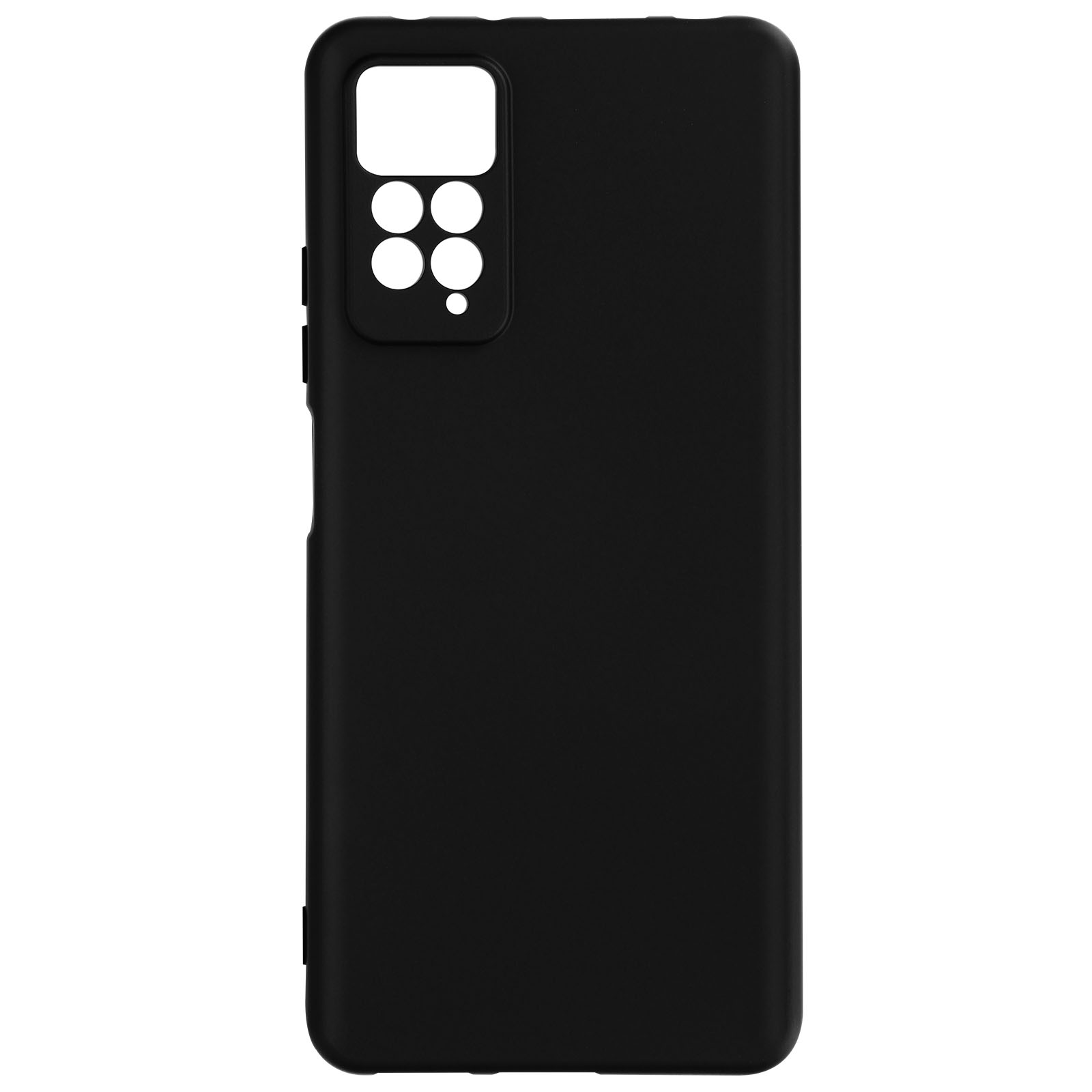 Custodia per telefono nera. Ritagli per fotocamera e pulsanti. Superficie liscia.
