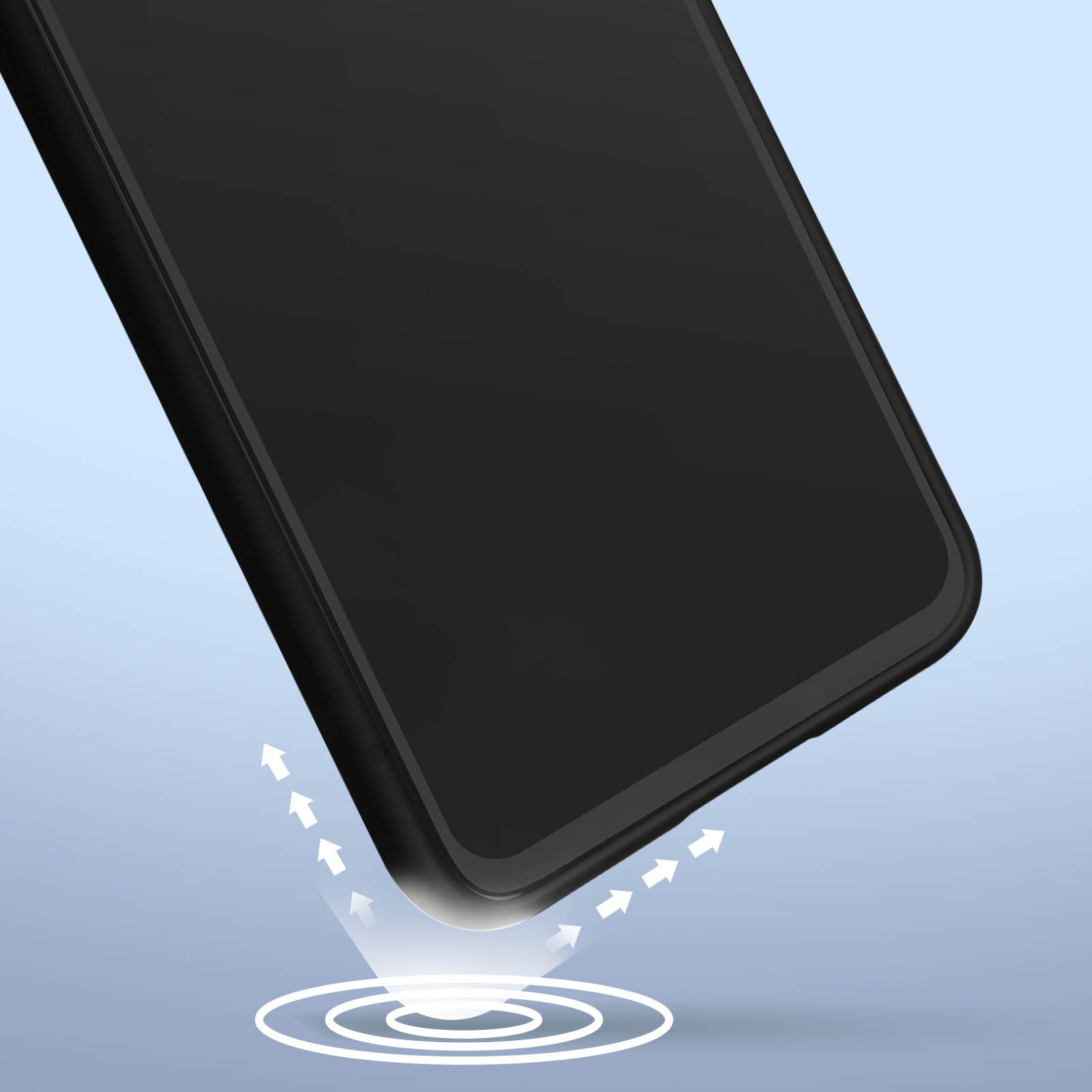 Primo piano di un telefono nero in una custodia nera con frecce che indicano l'assorbimento degli urti.