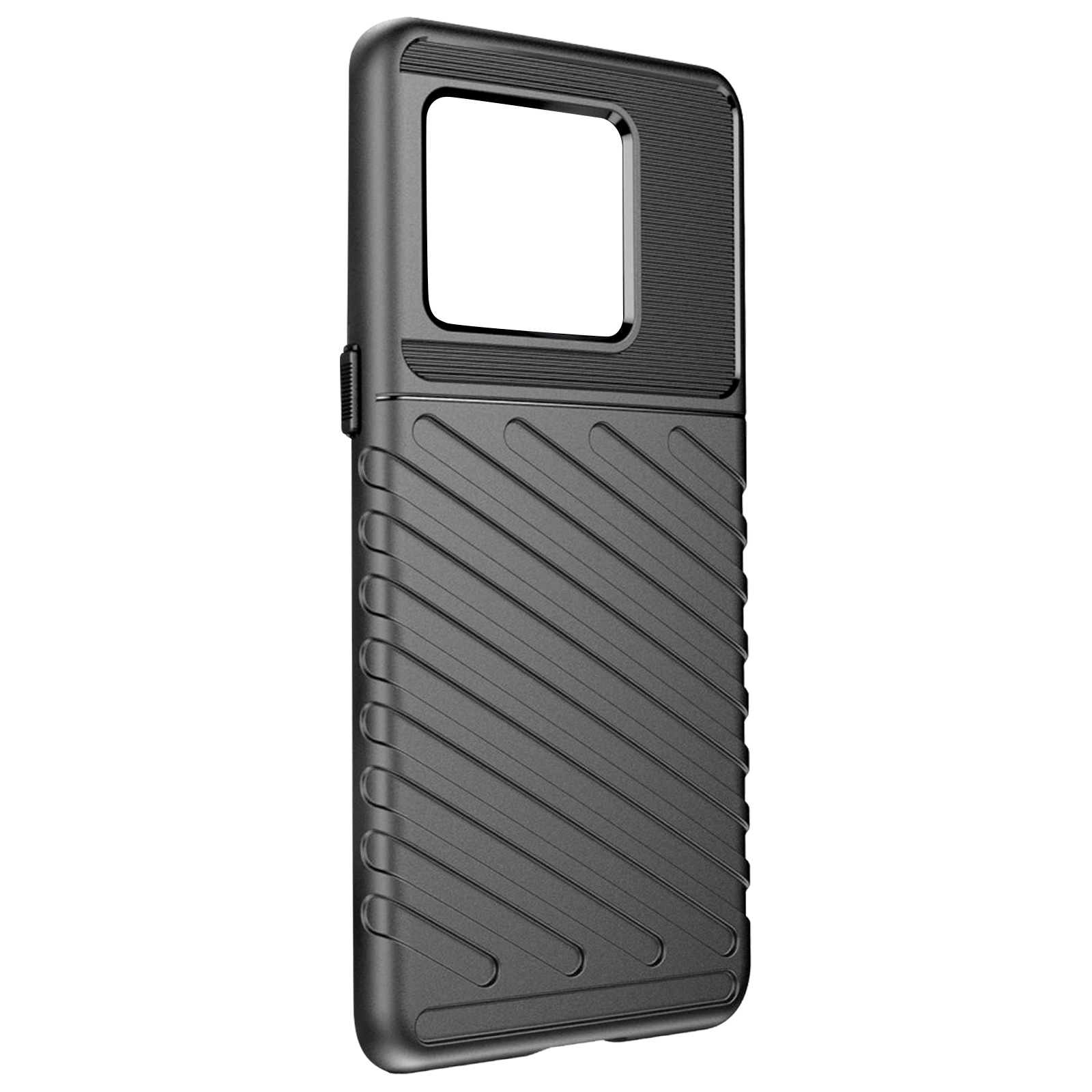 Schwarze Handyhülle mit diagonalen Rillen und quadratischer Kameraaussparung. Weißer Hintergrund.