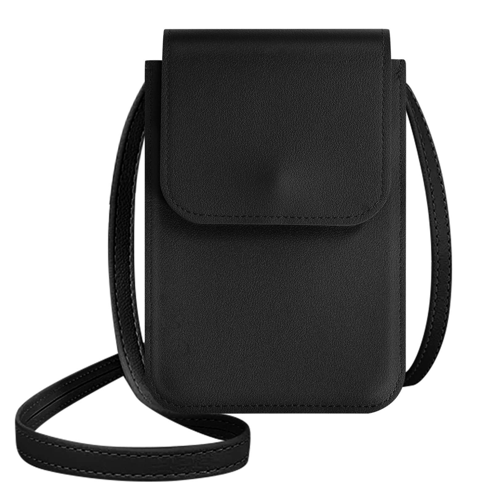 Een zwarte telefoon crossbodytas met een riem. De tas is gesloten.