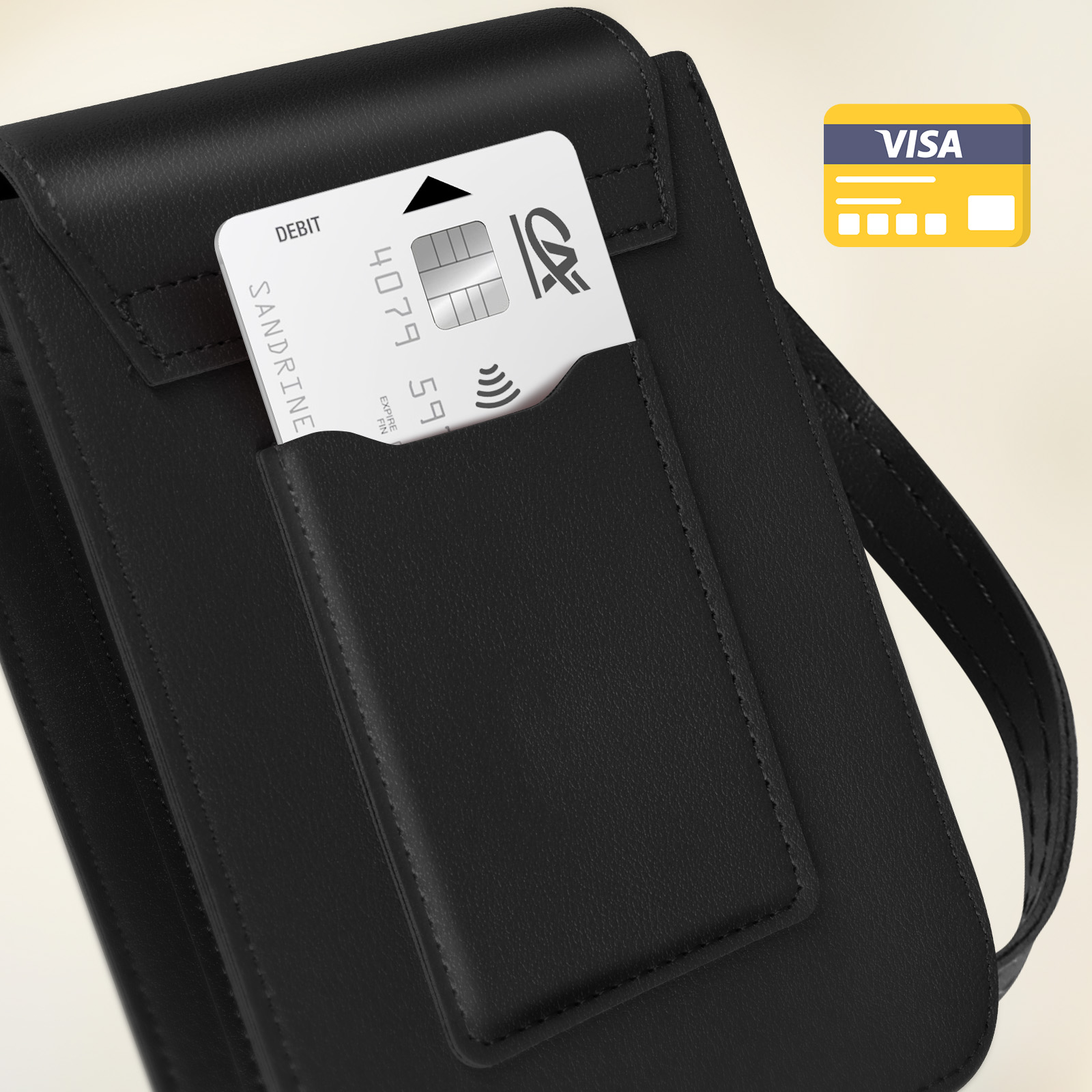 Zwarte leren portemonnee met een betaalpas in de zak. Visa-logo is zichtbaar.