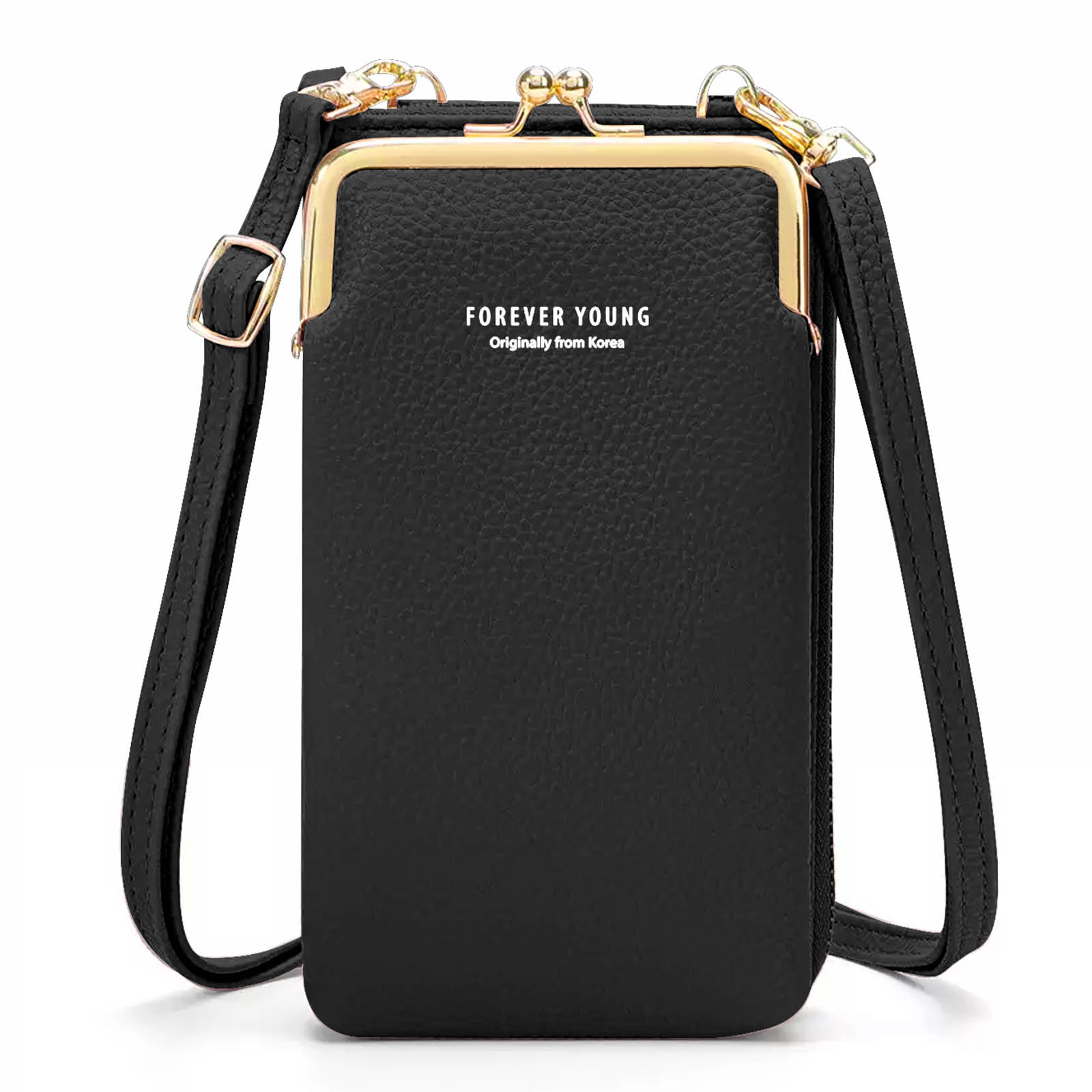 Een zwarte telefoontas. Het heeft een sluiting, een riem en de woorden FOREVER YOUNG.