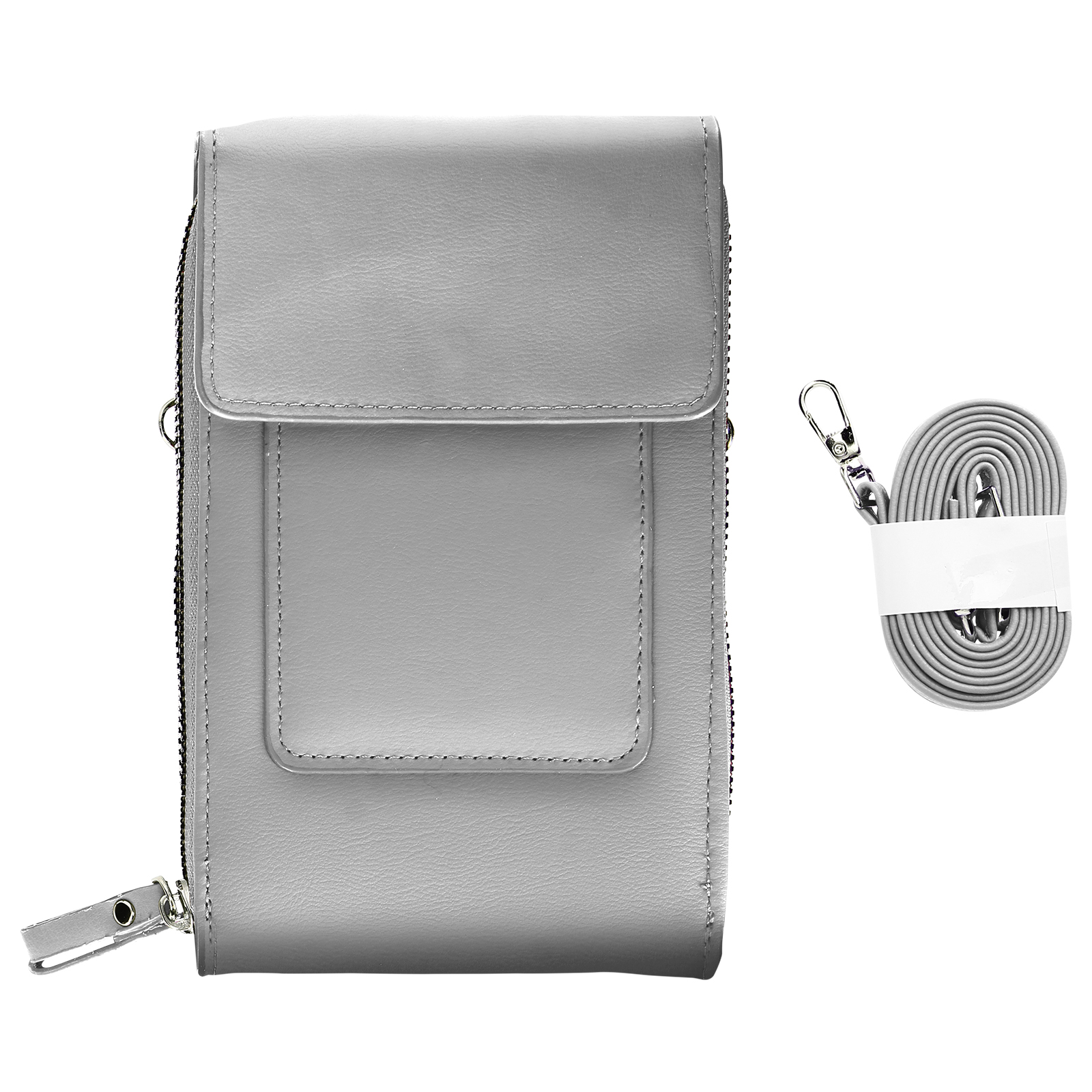 Borsa a tracolla grigia per telefono con cinturino extra e sfondo bianco.