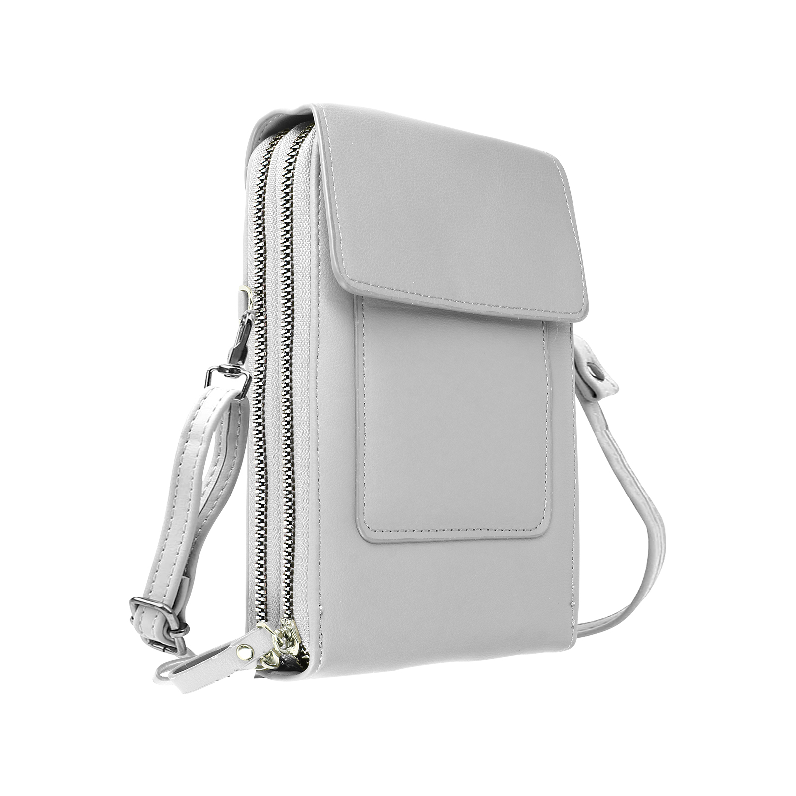 Una borsa per telefono grigio chiaro con cinturino e chiusure con cerniera, su sfondo bianco.