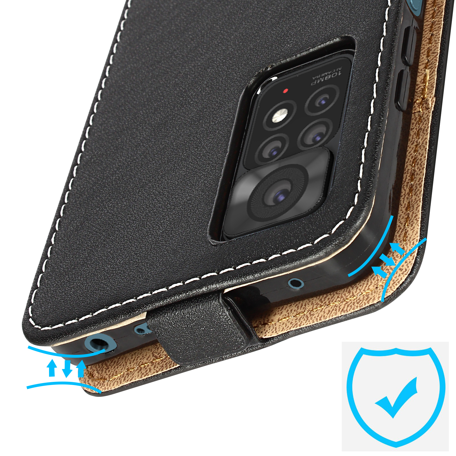 Coque de téléphone noire avec surpiqûres blanches. Montre une découpe de caméra et l'intérieur de la coque avec une coche.