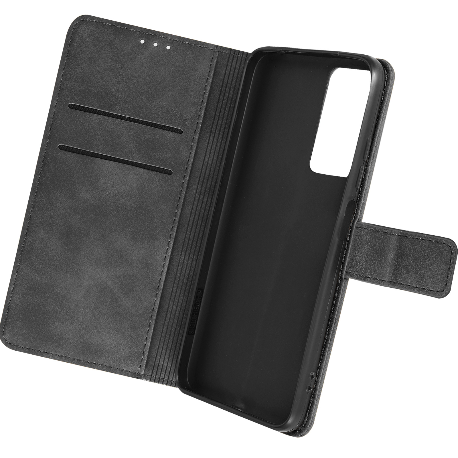 Custodia per telefono grigio scuro aperta. Interno con supporto e fessure per carte.