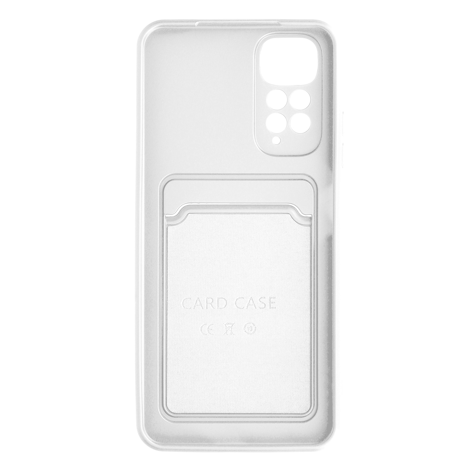 Custodia trasparente per telefono con ritaglio per carte. Fori per fotocamera e flash. Testo "CARD CASE".