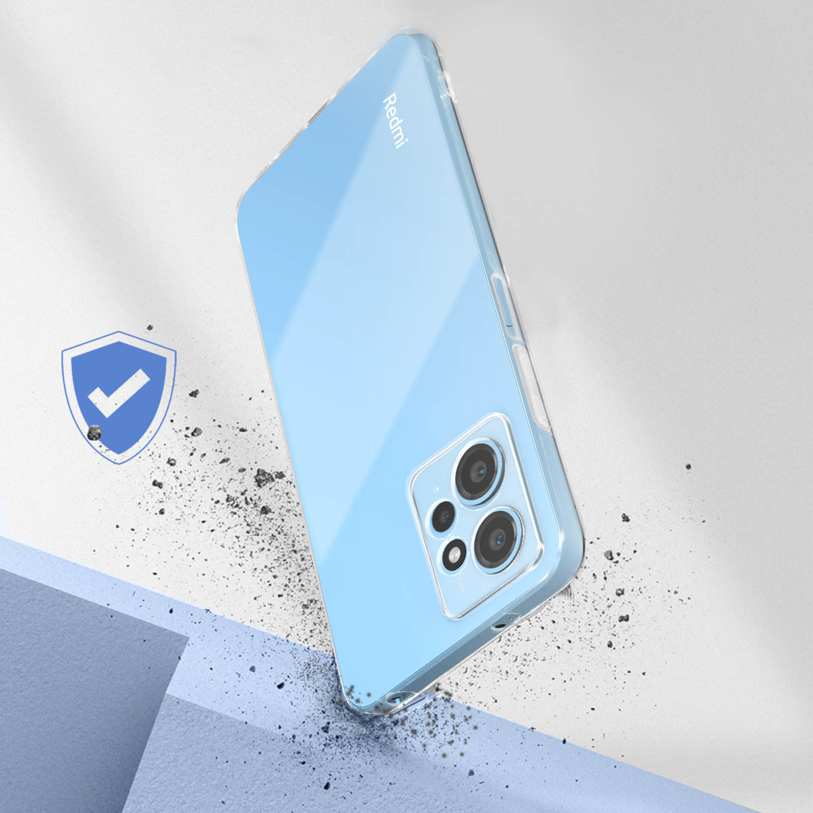 Una custodia per telefono azzurra che cade. Telefono dentro. Icona dello scudo protettivo nell'angolo.