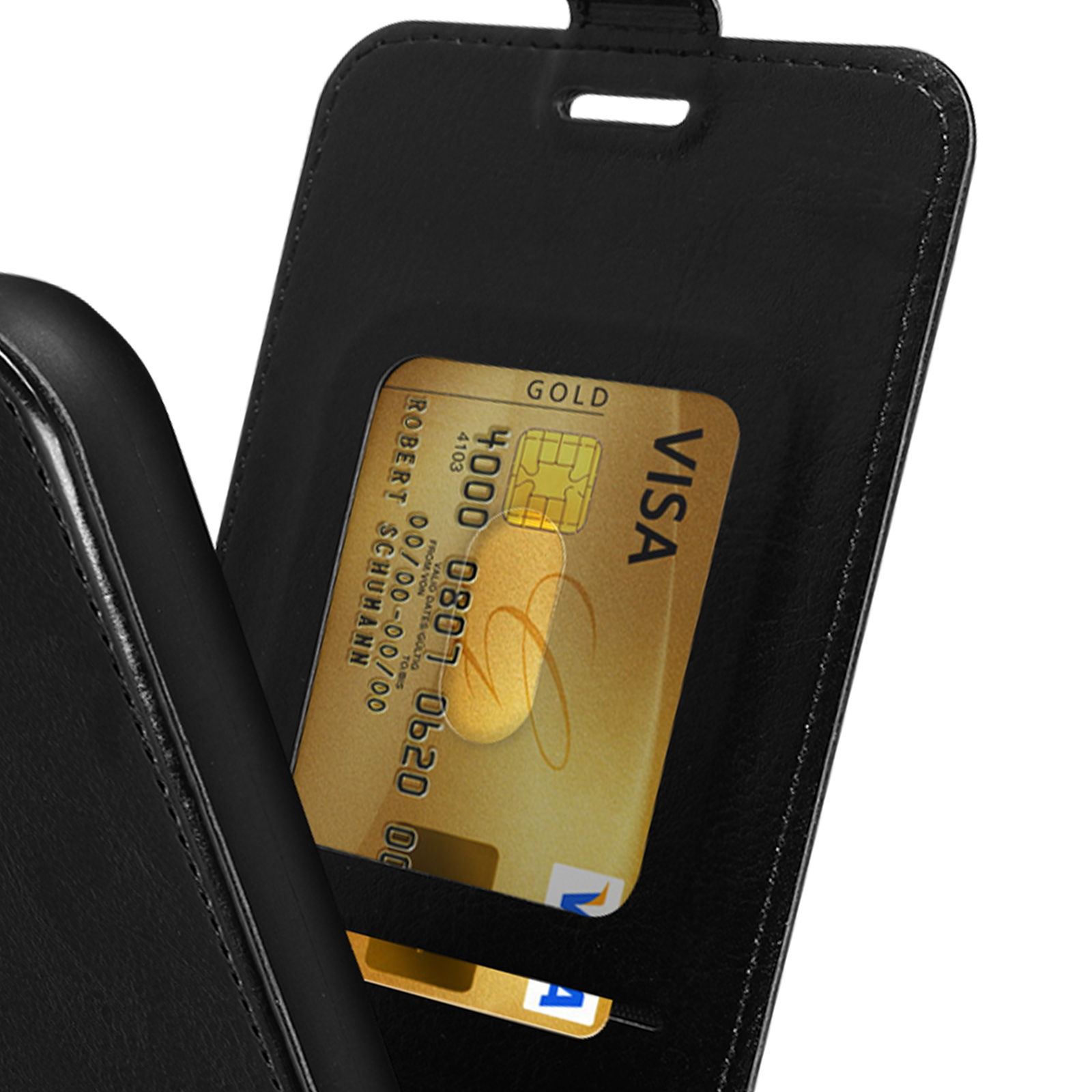 Zwarte telefoonhoes met gouden VISA-kaart zichtbaar. Open flap toont kaartsleuf.