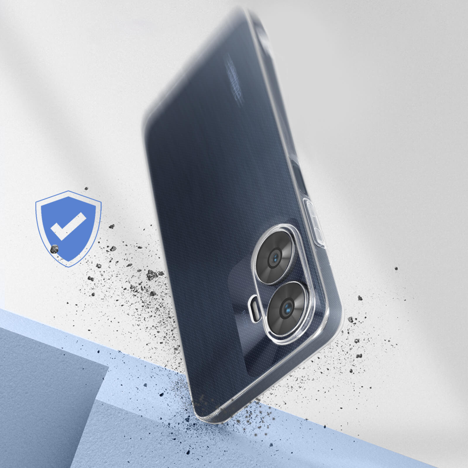 Una custodia per telefono che cade, con un'icona a scudo e detriti. La custodia è trasparente e blu.