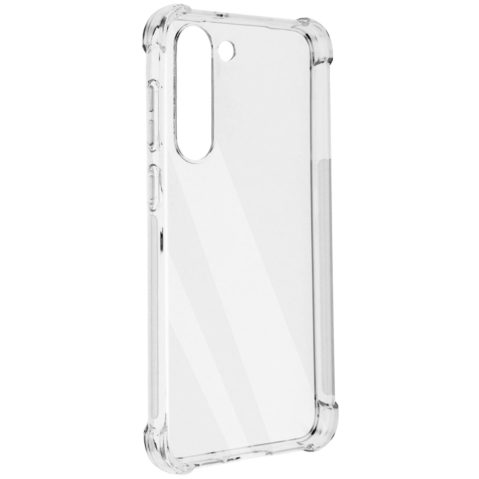 Una custodia per telefono trasparente con design trasparente, che mostra i pulsanti laterali e un ritaglio per la fotocamera.